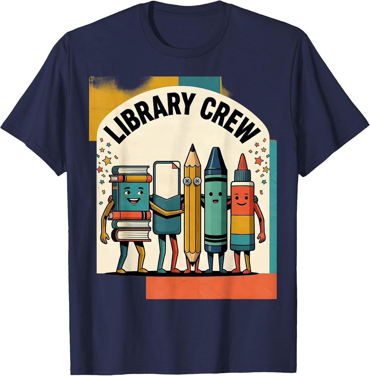 Library Crew Midcentury Modern Book Stack Teacher Student T-Shirt - Navy Blue