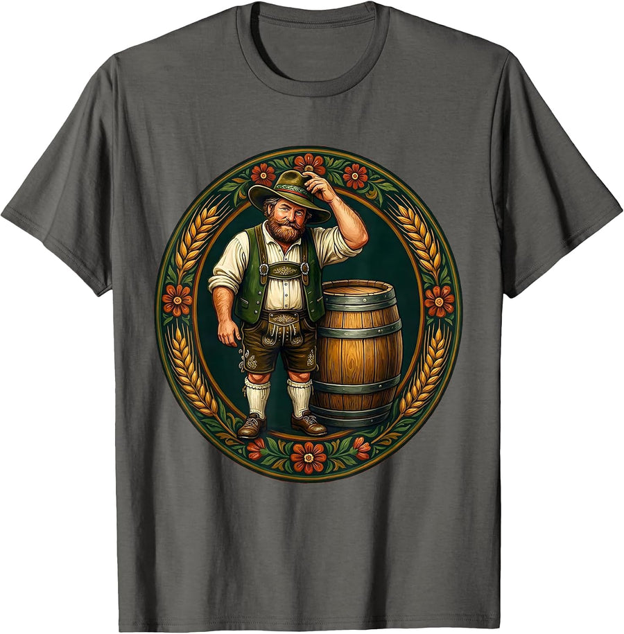 Oktoberfest Keg Hat Tip Illustration T-Shirt - Asphalt Grey