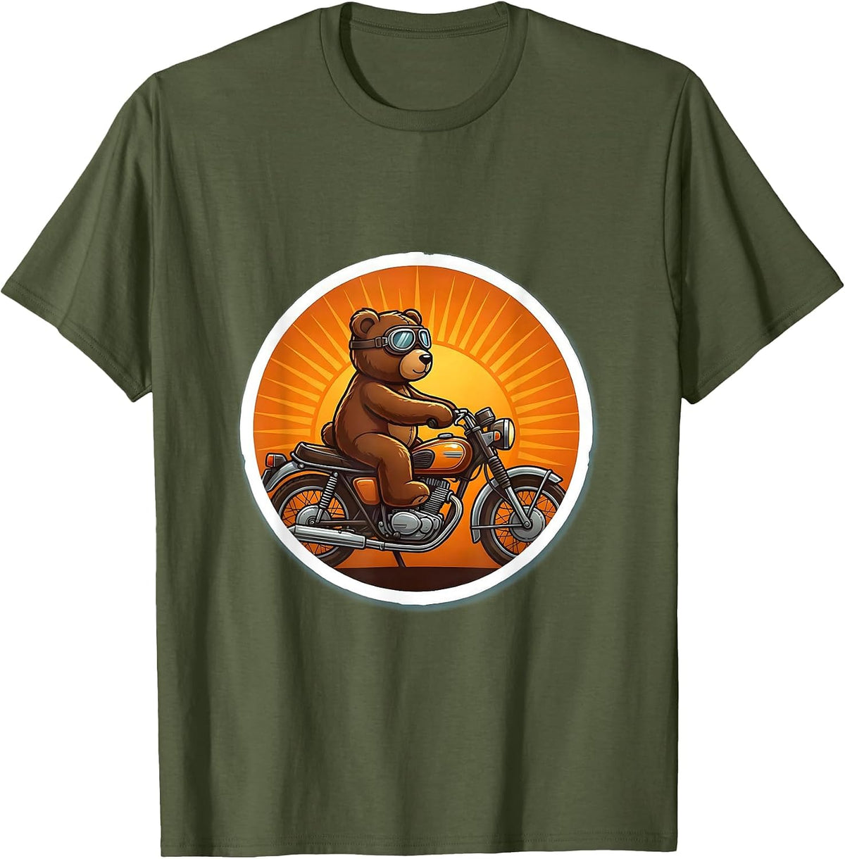 Men's Teddy Bear Riding Vintage Motorcycle at Sunset T-Shirt - Olive Green