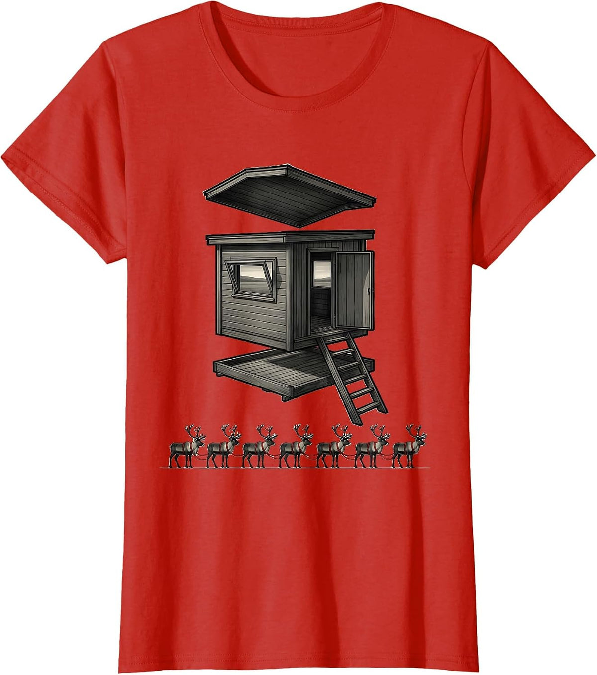 Exploded Hunting Blind Reindeer Christmas Deer Hunter Humor T-Shirt - Red
