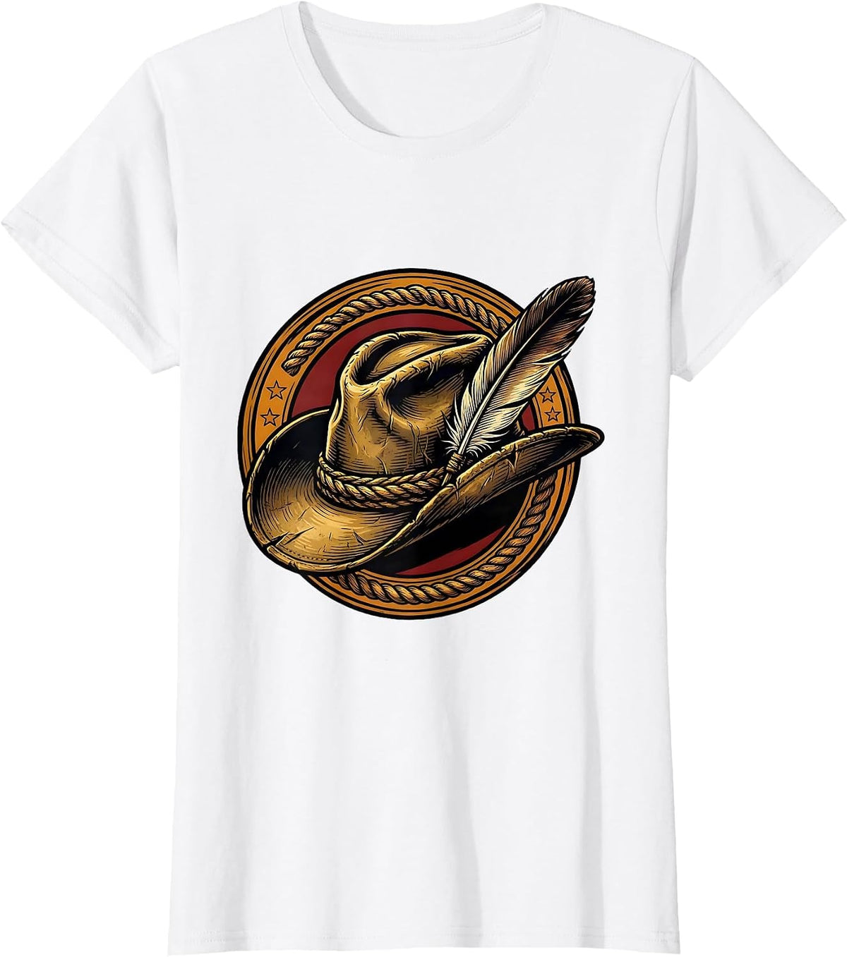 Weathered Cowboy Hat with Feather Illustration T-Shirt - White