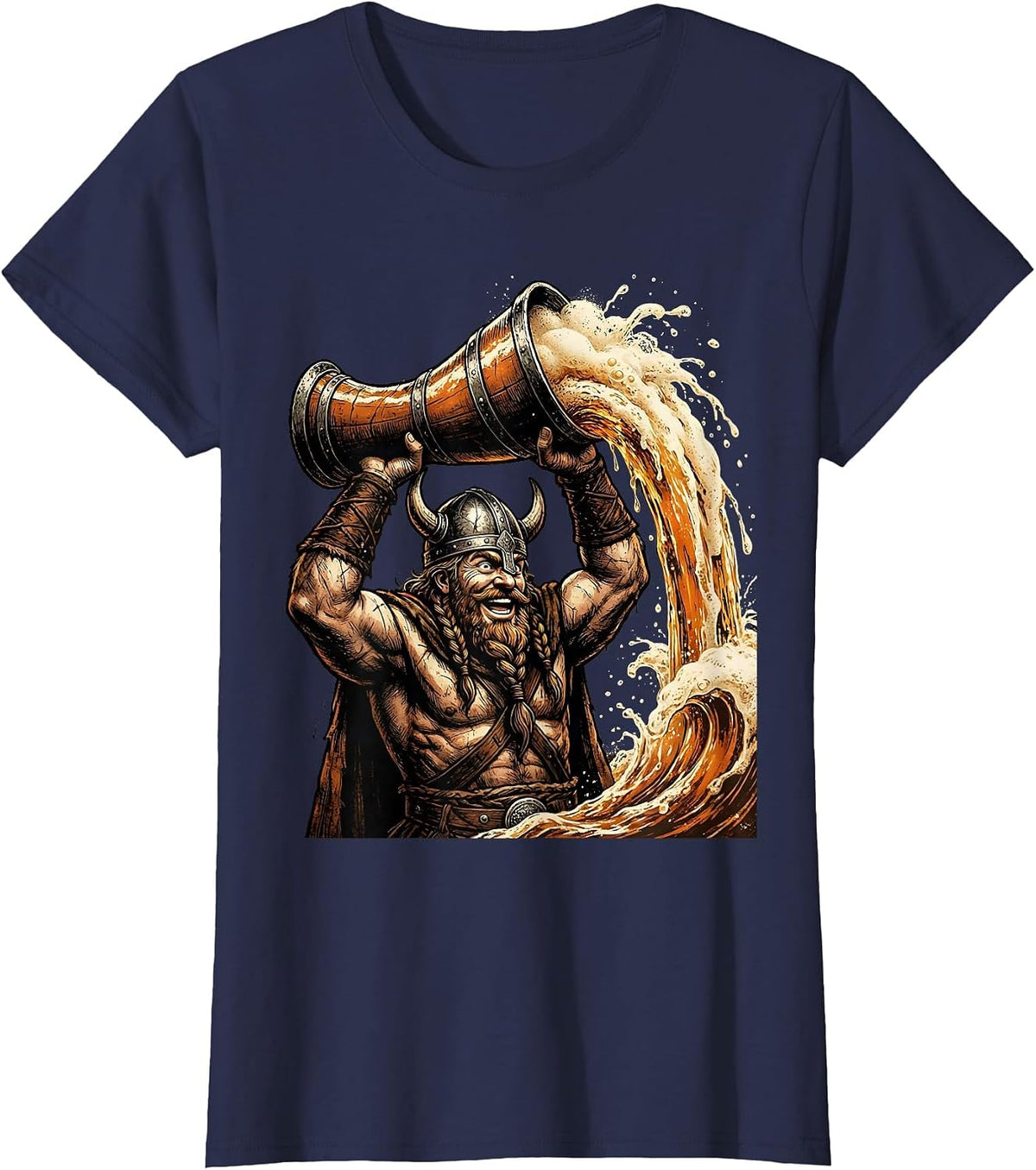 Women's Viking Ale Horn Funny Drinking Graphic Design T-Shirt - Navy Blue