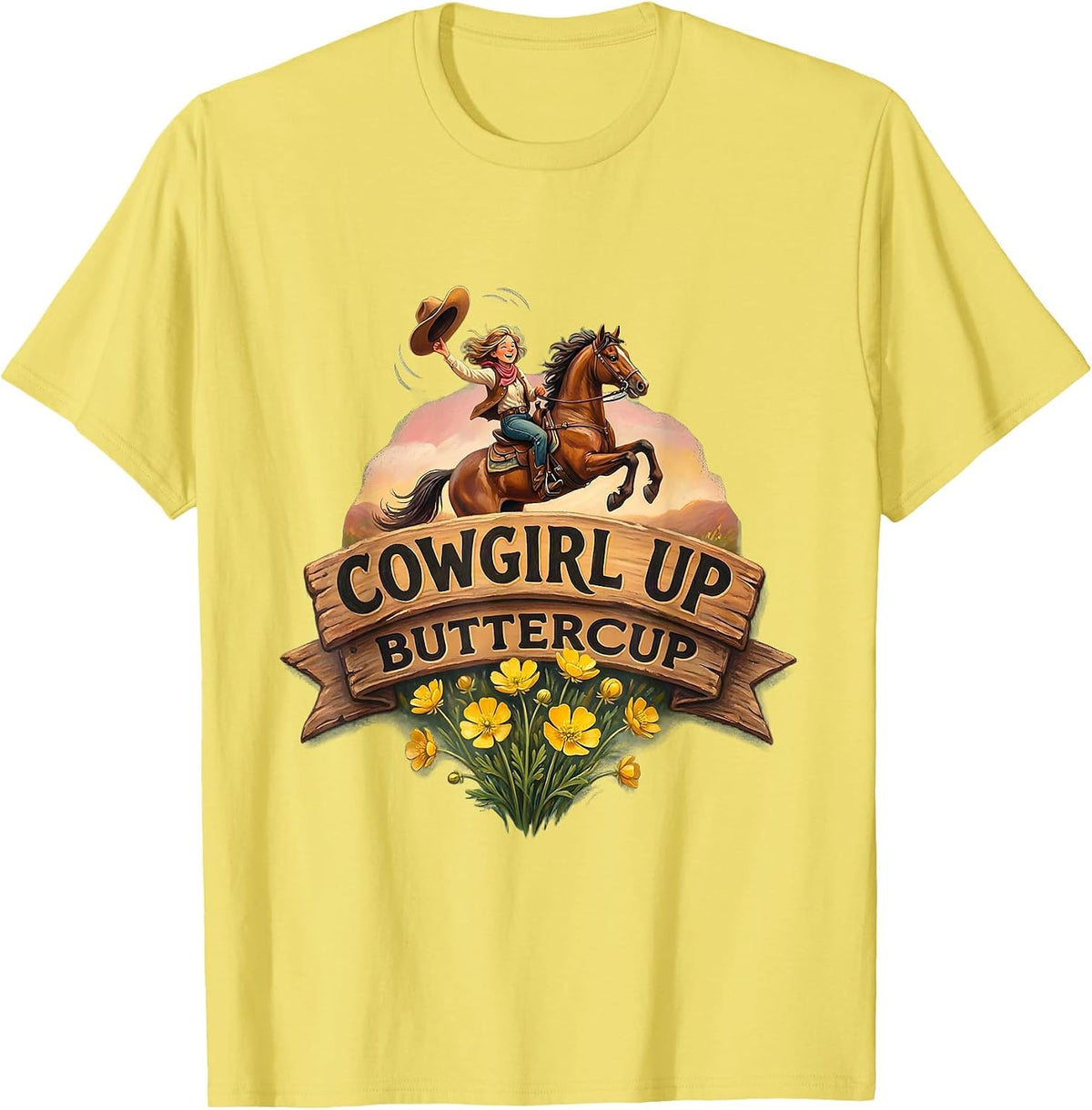 Men's Cowgirl Up Buttercup Rodeo Graphic Design T-Shirt - Lemon Yellow