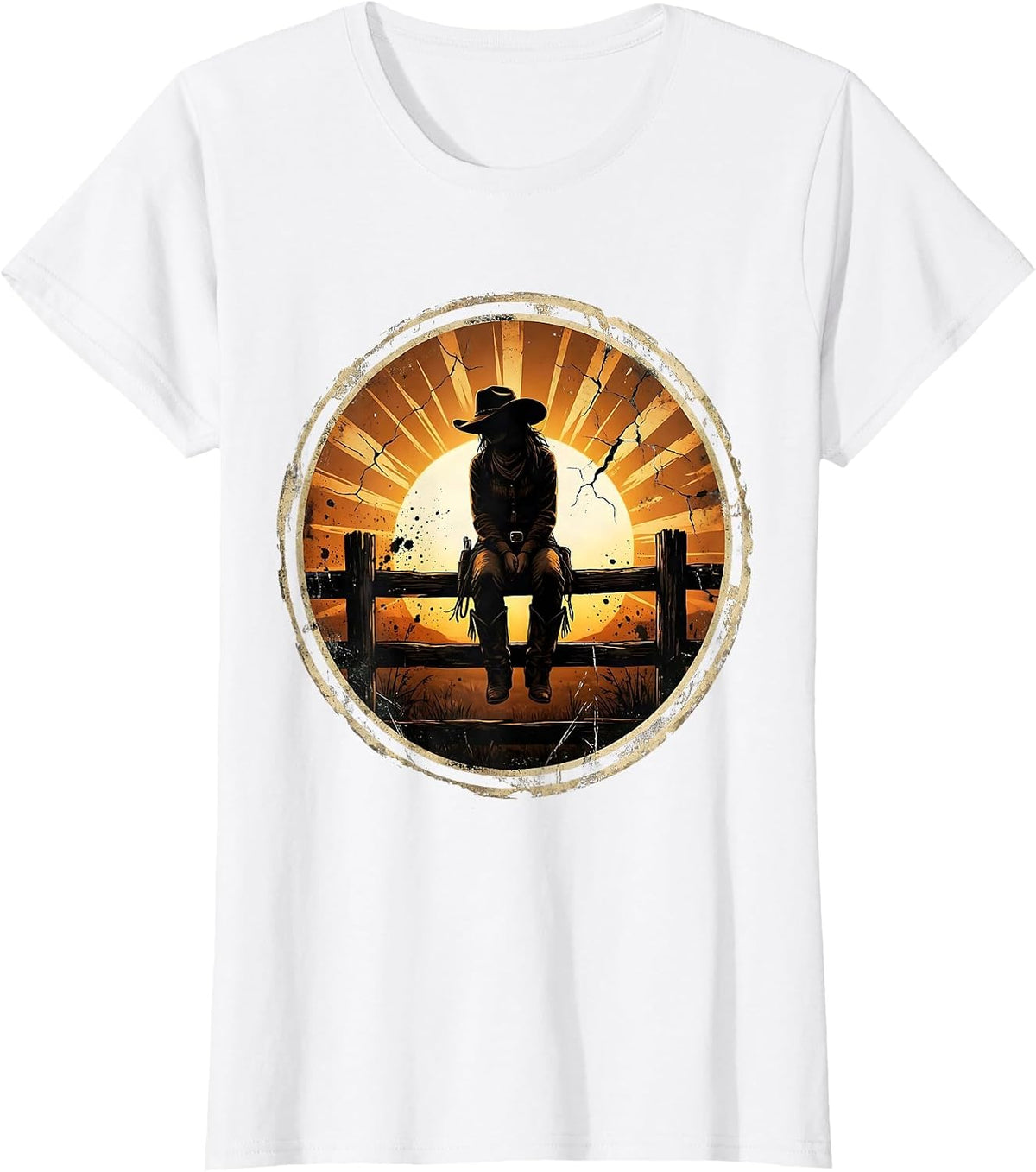Cowgirl Sitting on Fence at Dusk Illustration T-Shirt - White