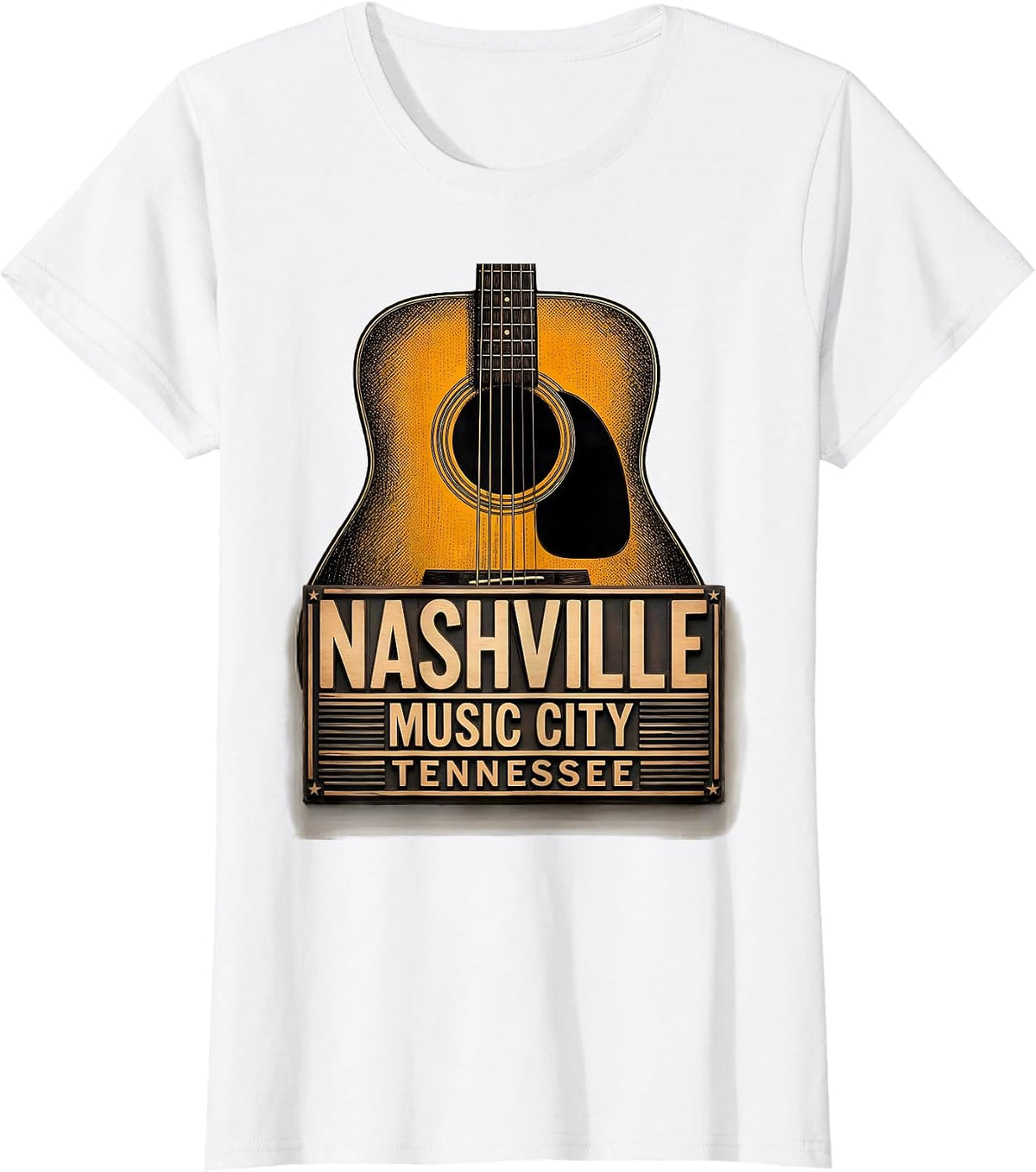 Women's Nashville Music City Tennessee Wood Type Letterpress Guitar T-Shirt - White