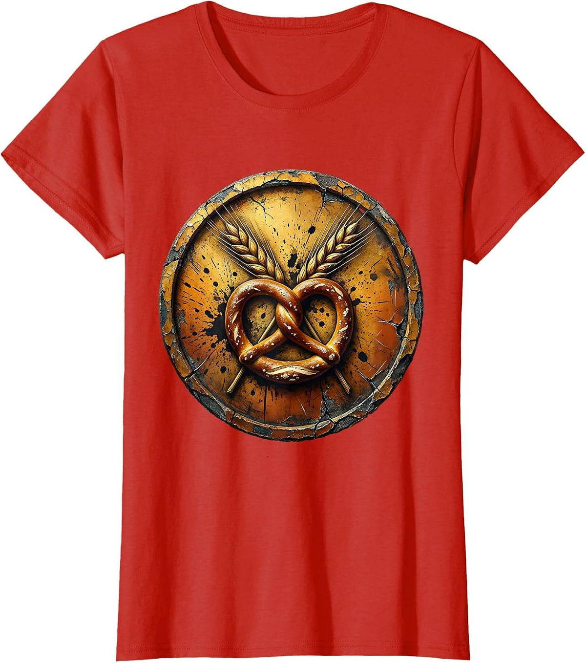 Pretzel and Wheat Stalks Crossed Prost Design T-Shirt - Red