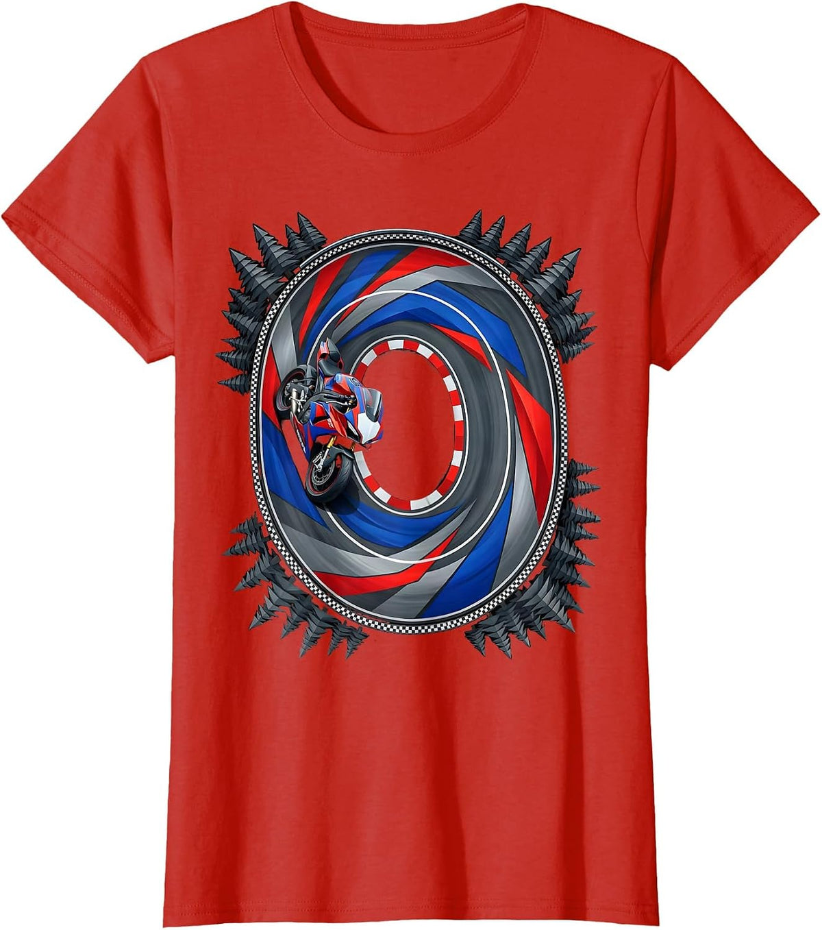 Women's Mountain Road Pine Forest Aerial Motorcycle Design T-Shirt - Red