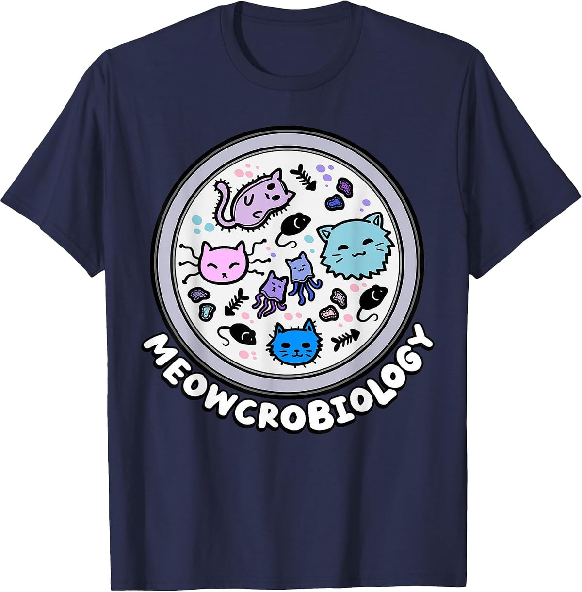 Meowcrobiology Microscopic Cats Science Pet School Biology T-Shirt - Navy Blue