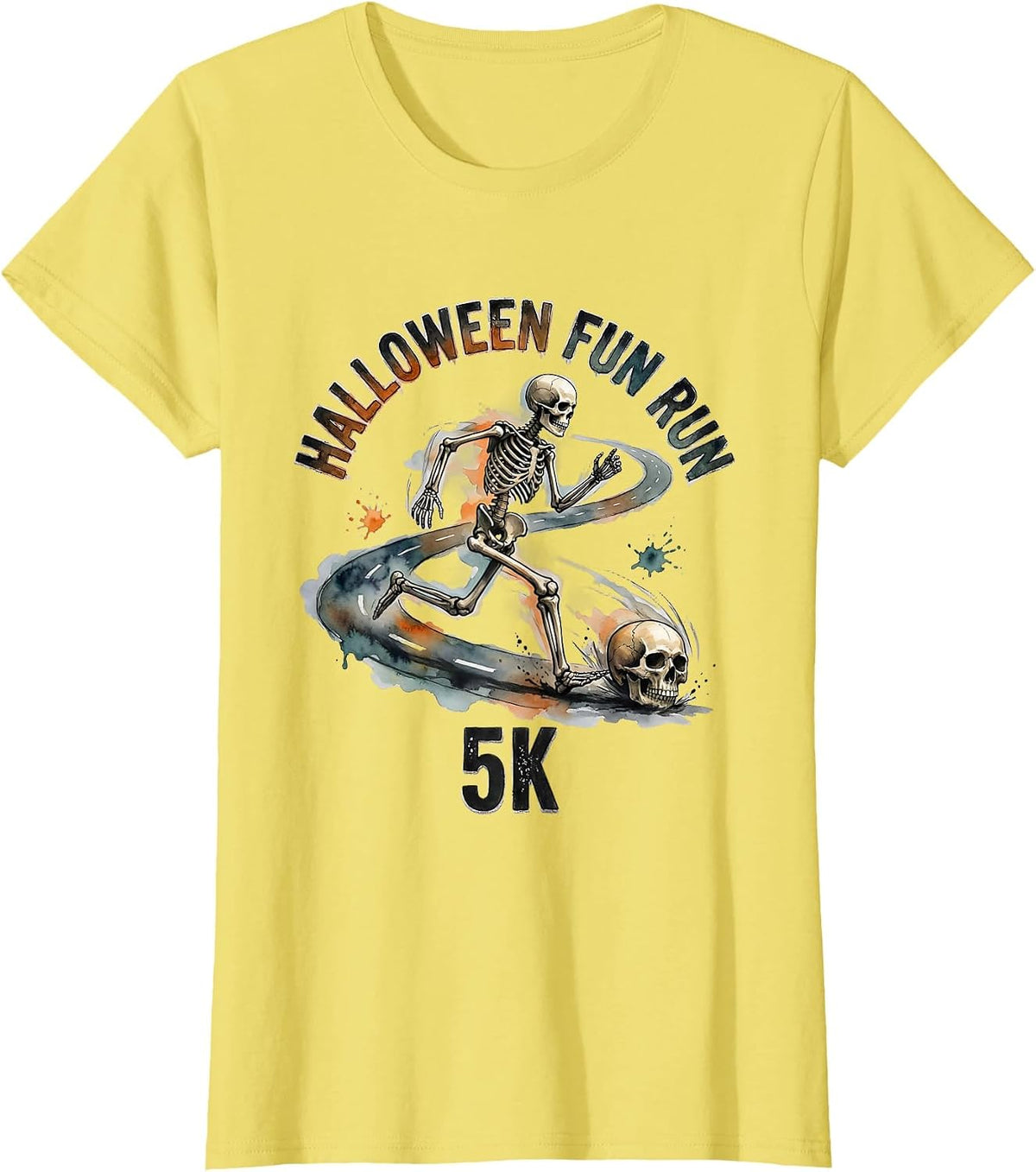 Women's Halloween Fun Run 5K Funny Skeleton Runner Watercolor T-Shirt - Lemon Yellow