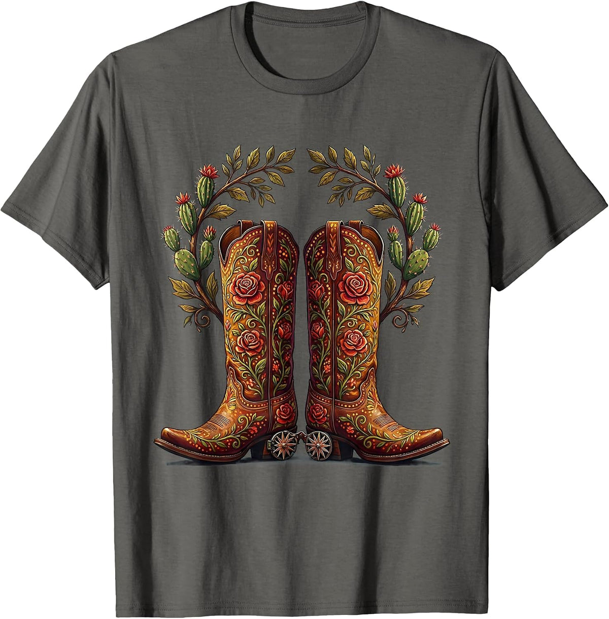 Western Boots Spurs and Desert Roses Graphic T-Shirt - Asphalt Grey