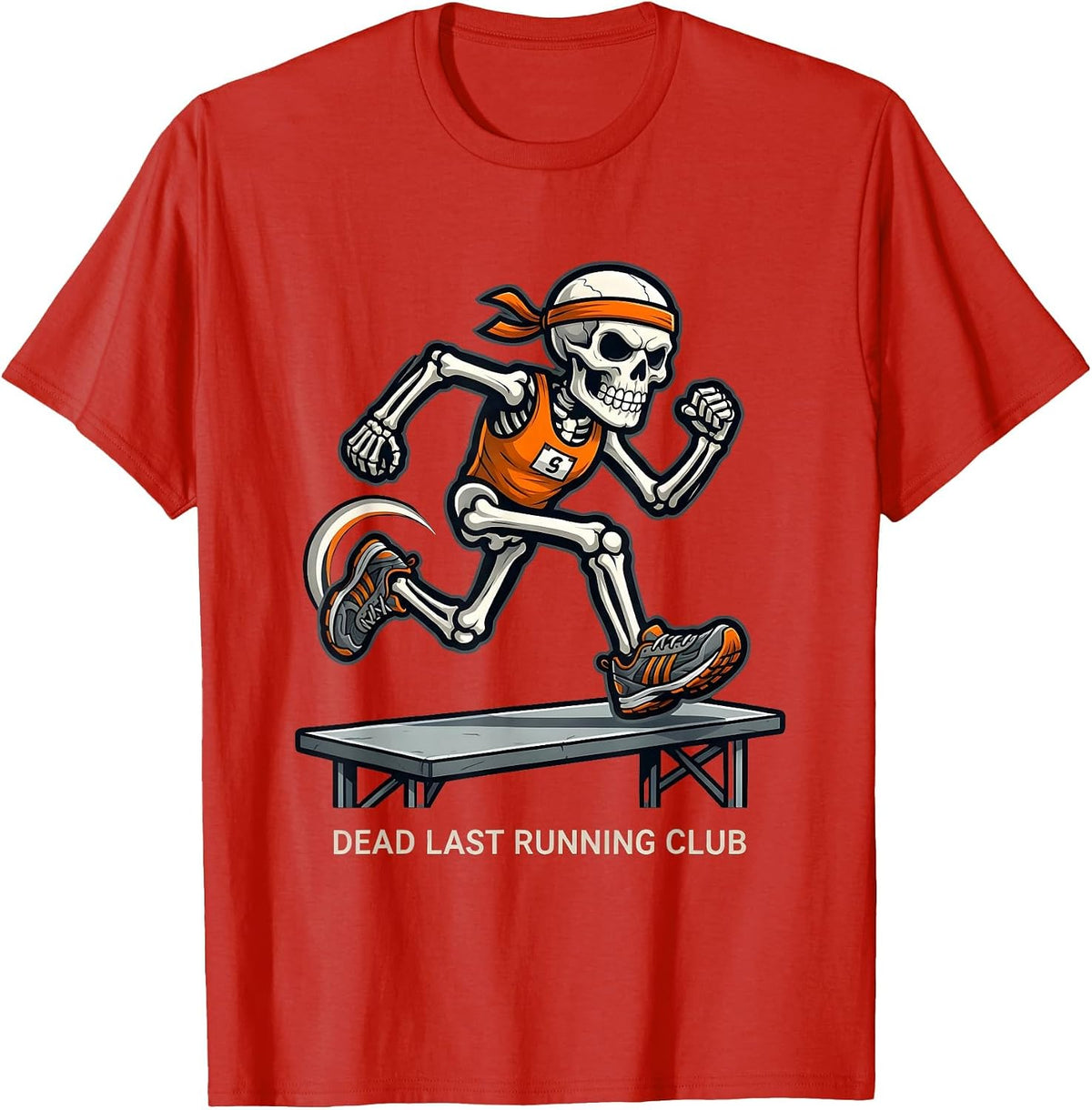Men's Dead Last Running Club Funny Halloween Skeleton Runner T-Shirt - Red