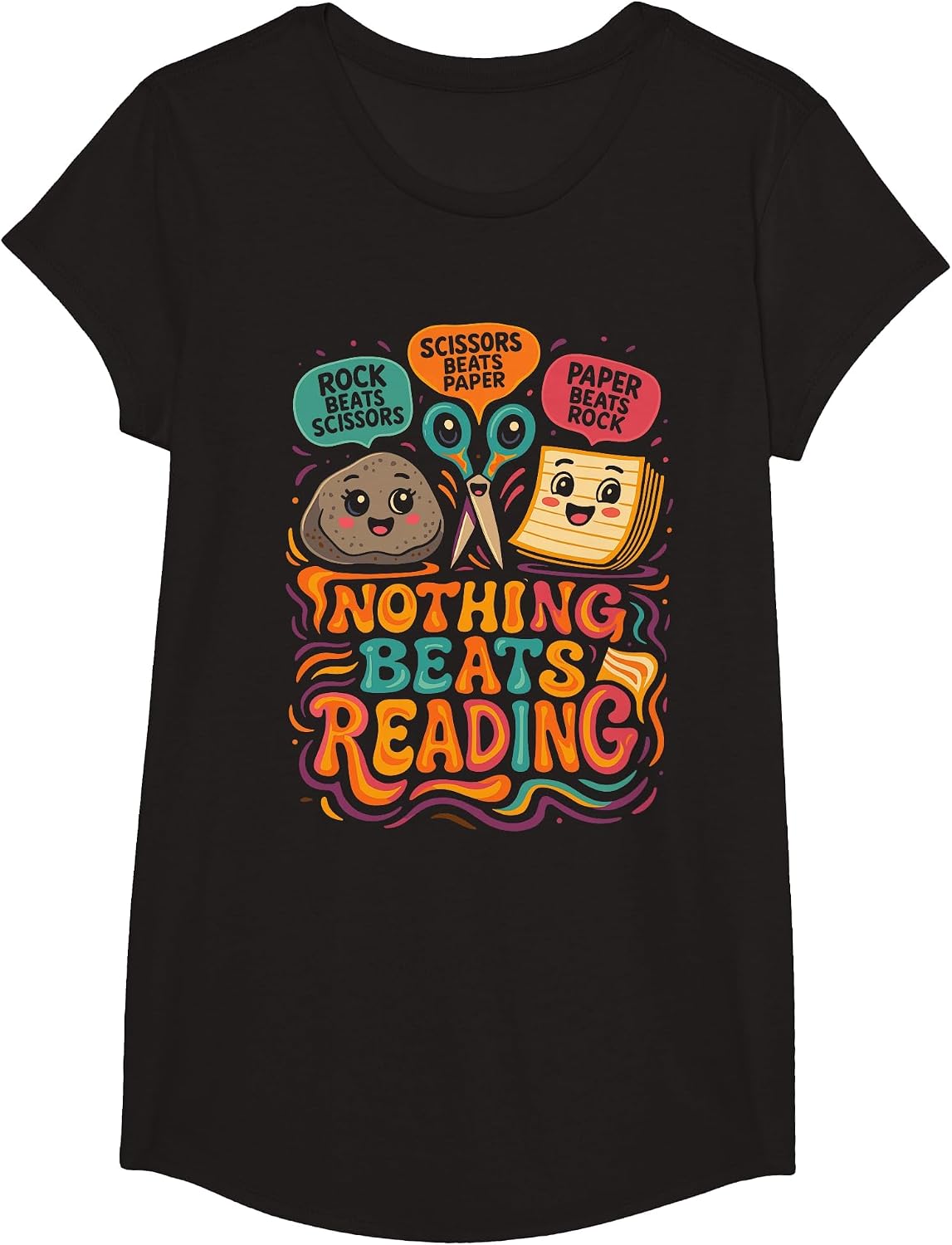 Booktrovert Shirt, Nothing Beat Reading Rock Paper Scissors T-Shirt - Girls Black