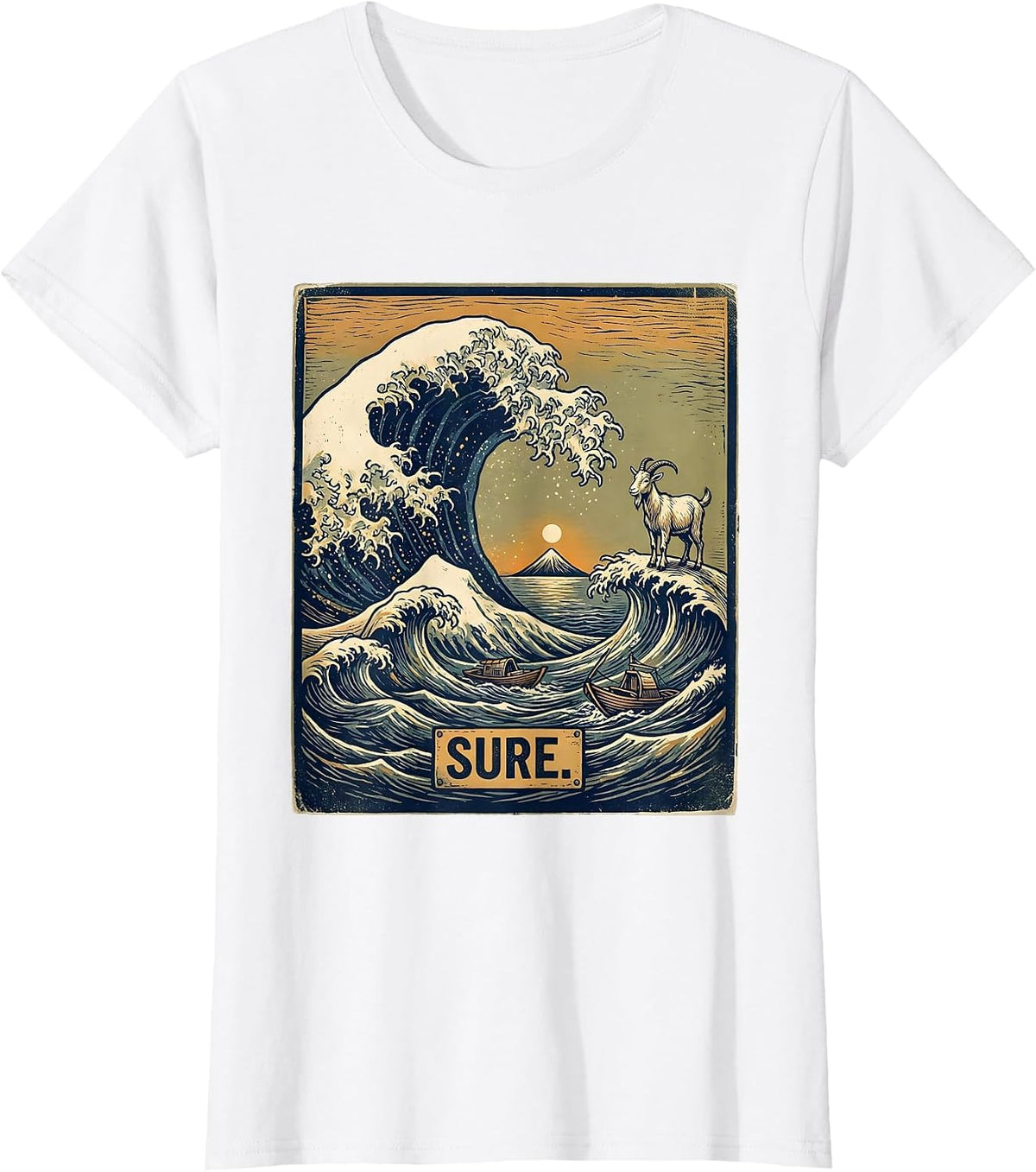 Women's Sure Vintage Japanese Animal Parody Art Great Wave Off T-Shirt - White
