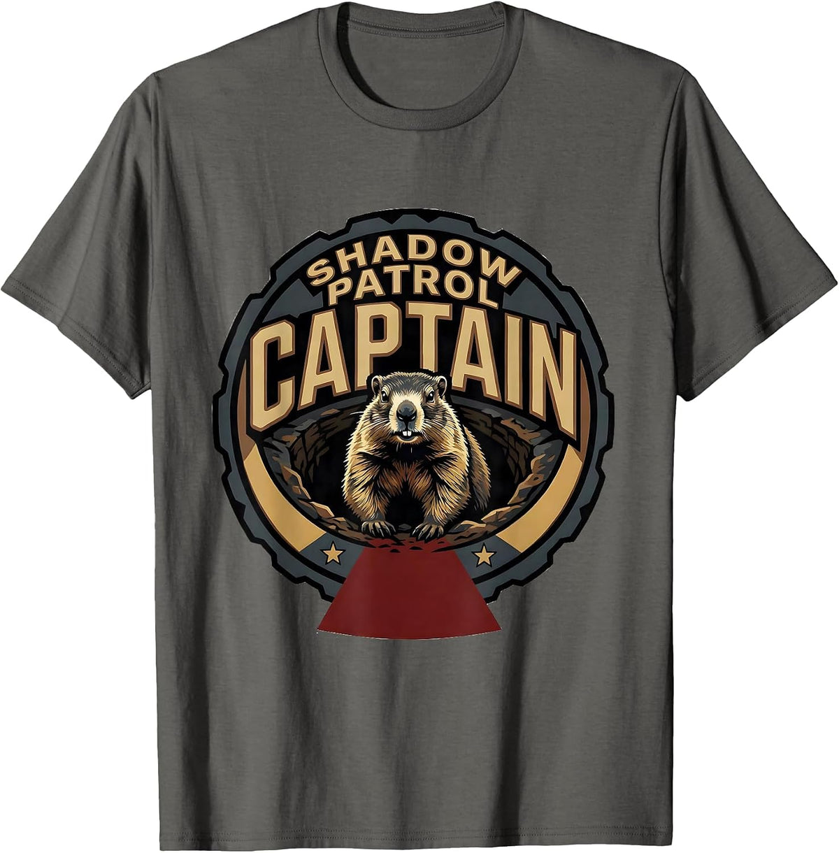 Shadow Patrol Captain Funny Groundhog Day Vintage Badge T-Shirt - Asphalt Grey