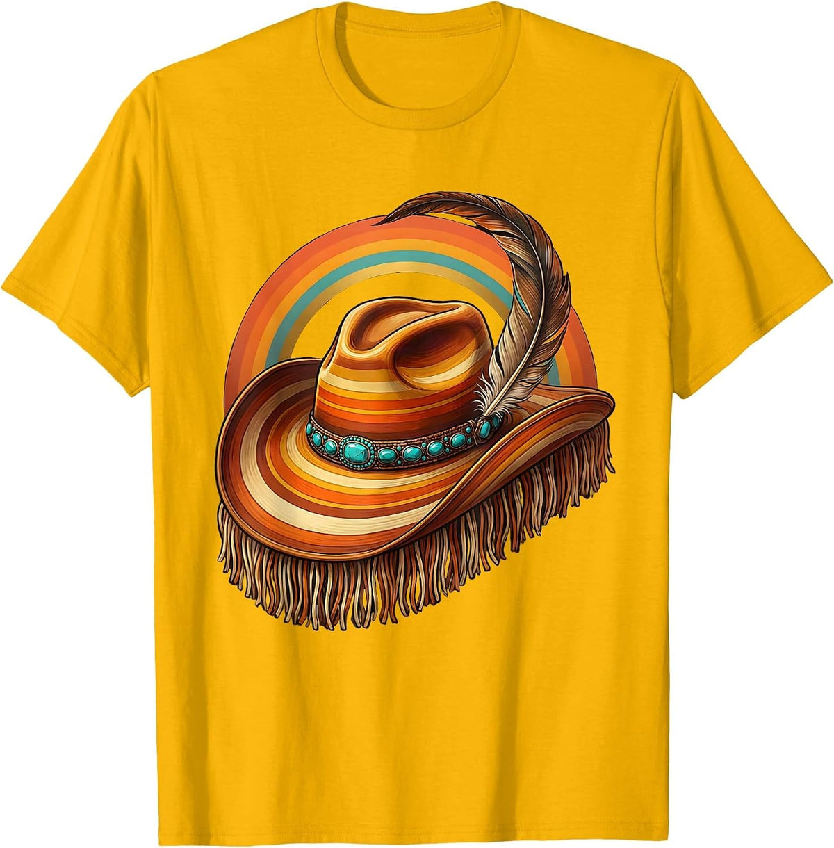 Men's Cowboy Hat Feather Turquoise Western Illustration T-Shirt - Golden Yellow