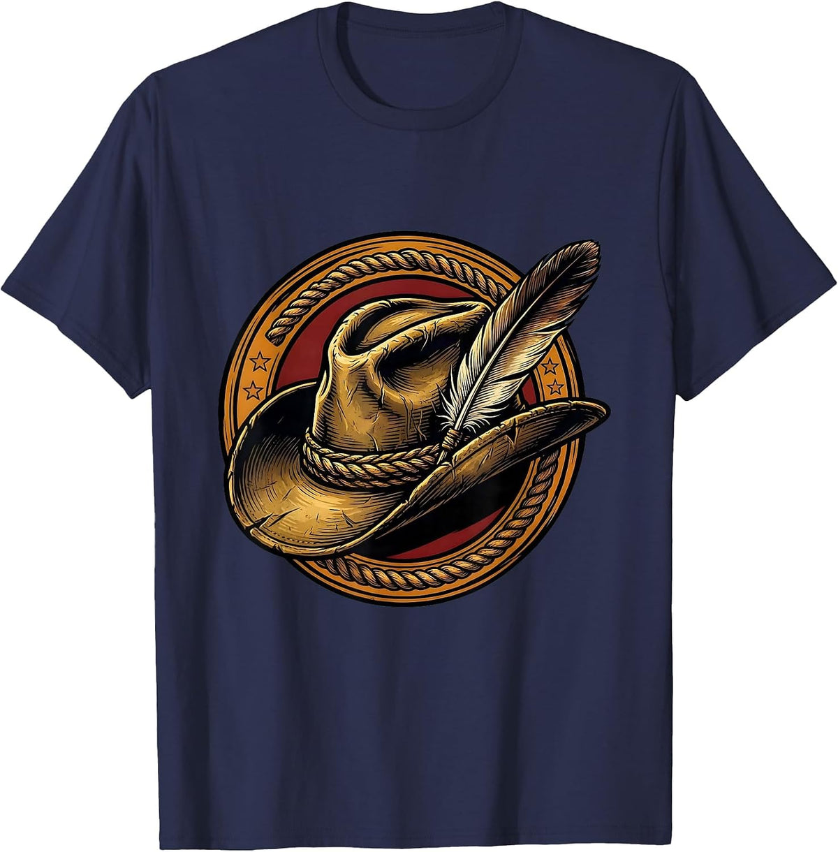 Weathered Cowboy Hat with Feather Illustration T-Shirt - Navy Blue