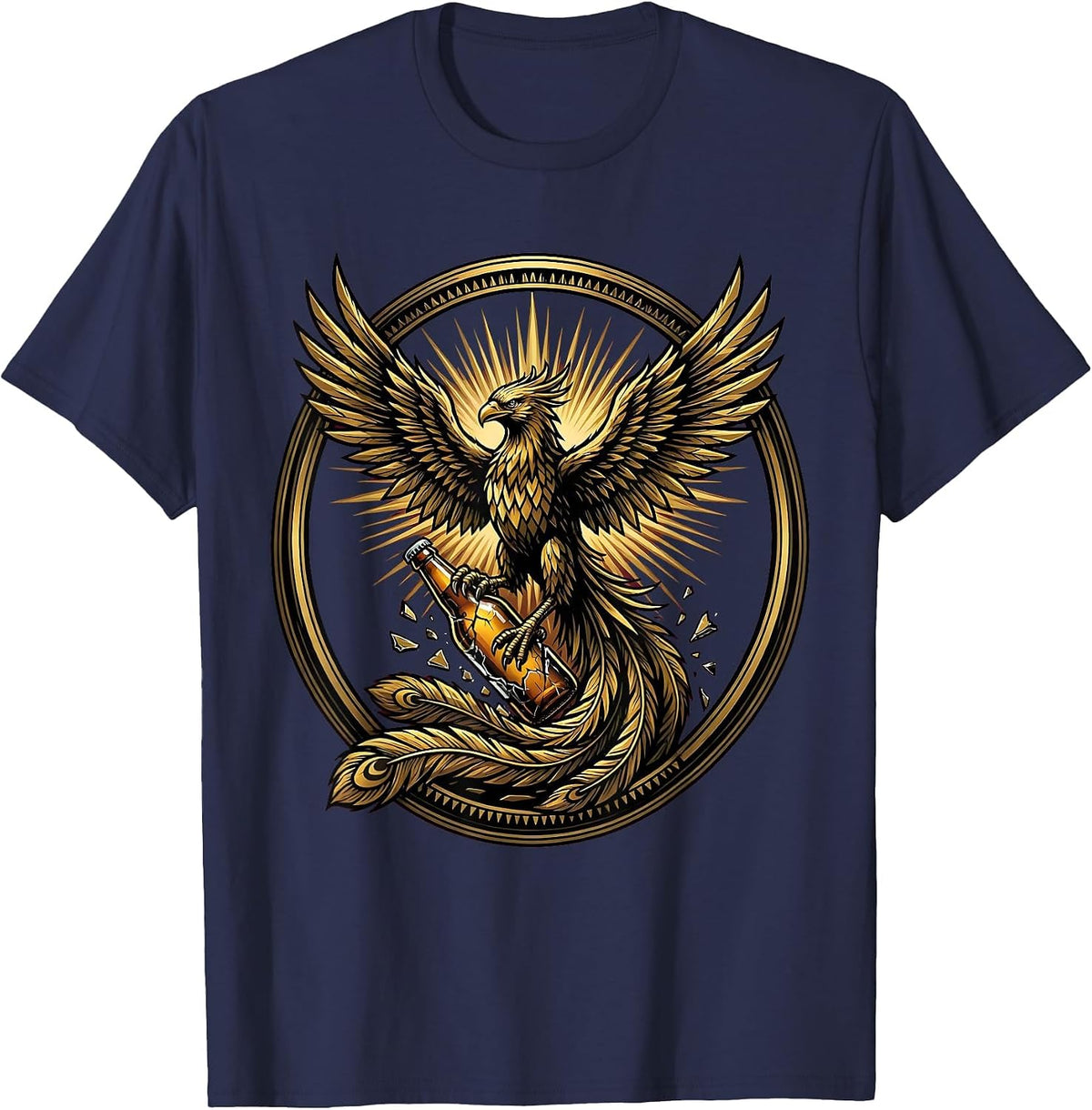 Phoenix Rising From Broken Beer Bottle Graphic T-Shirt - Navy Blue