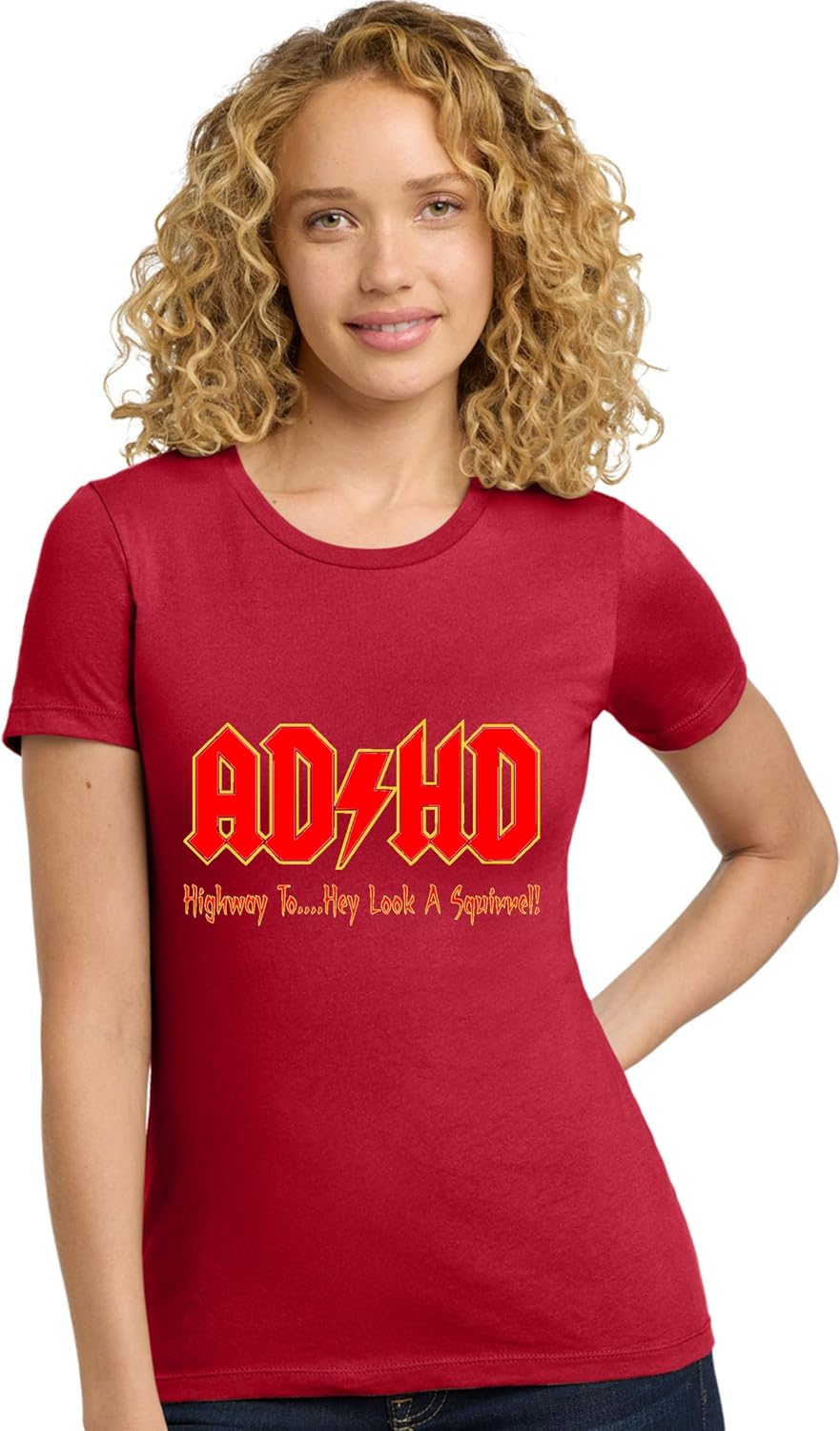 Go All Out Womens ADHD Highway to Hey Look A Squirrel Funny Music Deluxe Soft T-Shirt - Red