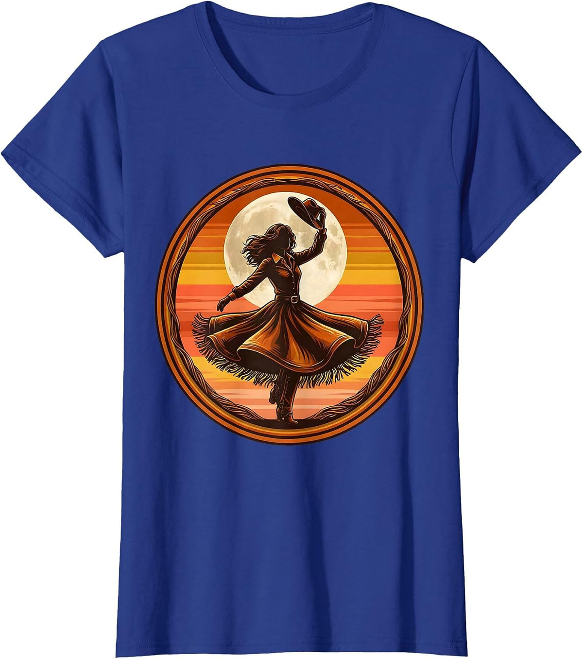 Women's Cowgirl Silhouette Twirling Under Full Moon T-Shirt - Royal Blue