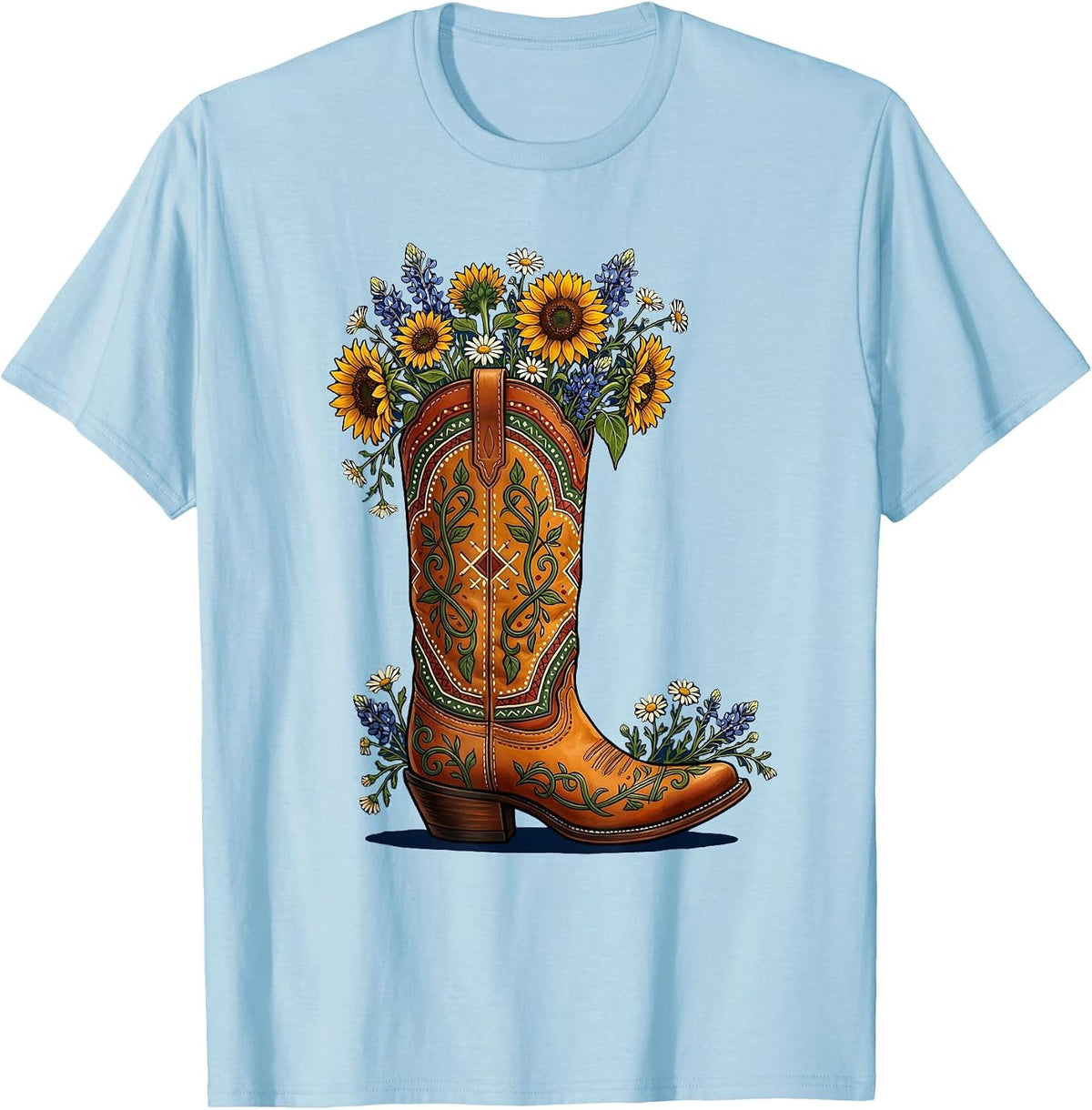 Men's Wildflower Cowboy Boot Western Illustration T-Shirt - Baby Blue