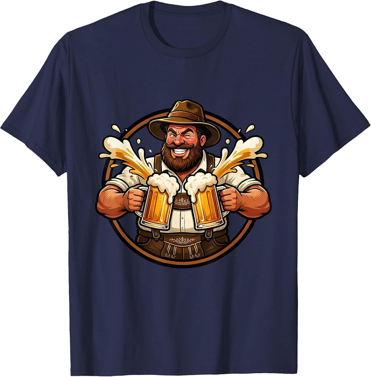 Men's Oktoberfest Bearded Lederhosen Beer Stein Clinking T-Shirt - Navy Blue