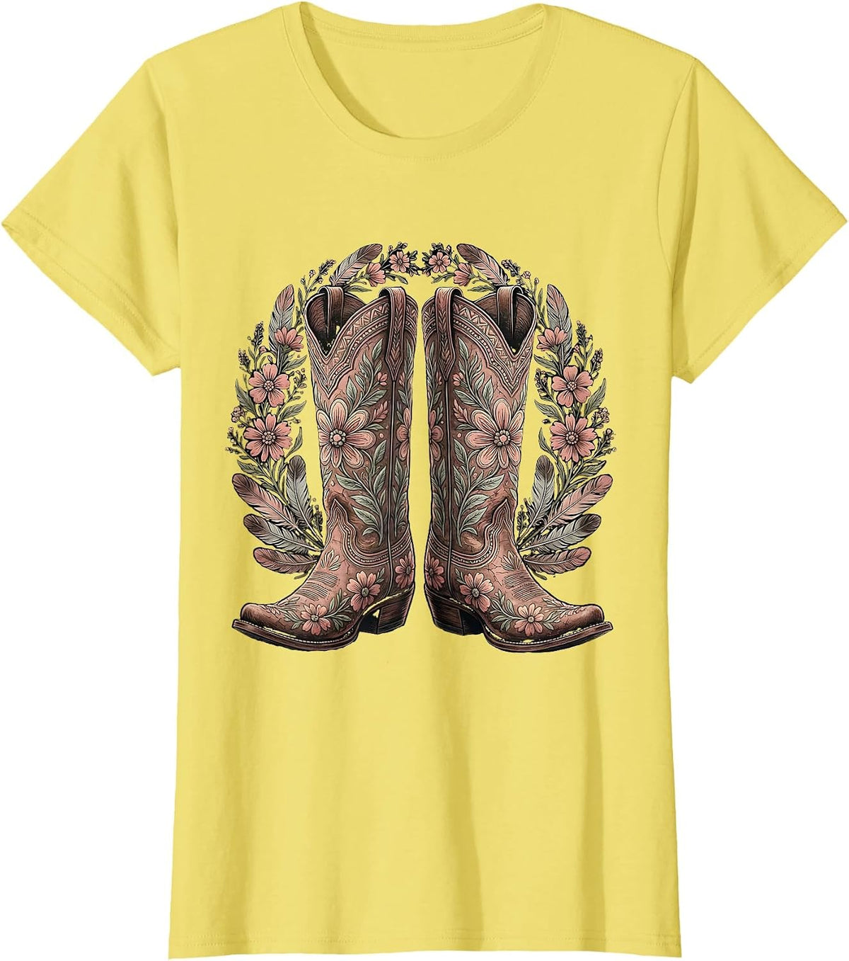 Nashville Cowboy Boots Floral Embroidery Design T-Shirt - Lemon Yellow
