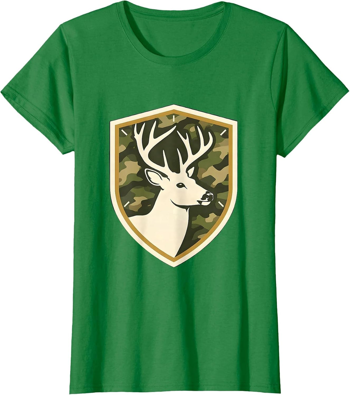 Women's Shield Buck Antlers Camo Emblem Hunting Dad T-Shirt - Kelly Green
