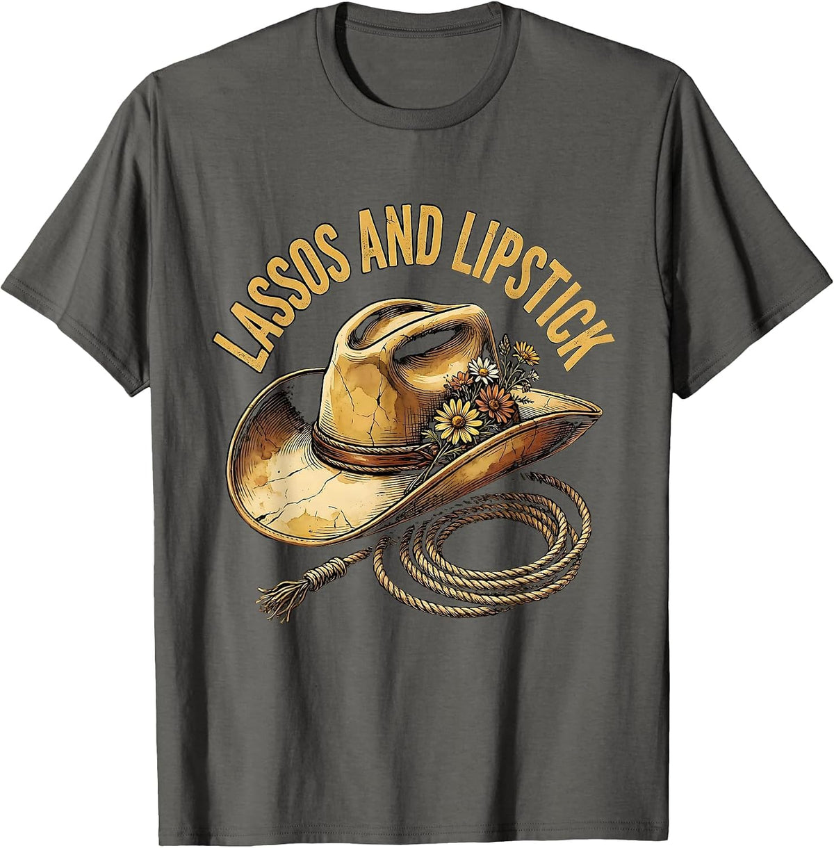 Lassos and Lipstick Cowgirl Graphic Design T-Shirt - Asphalt Grey