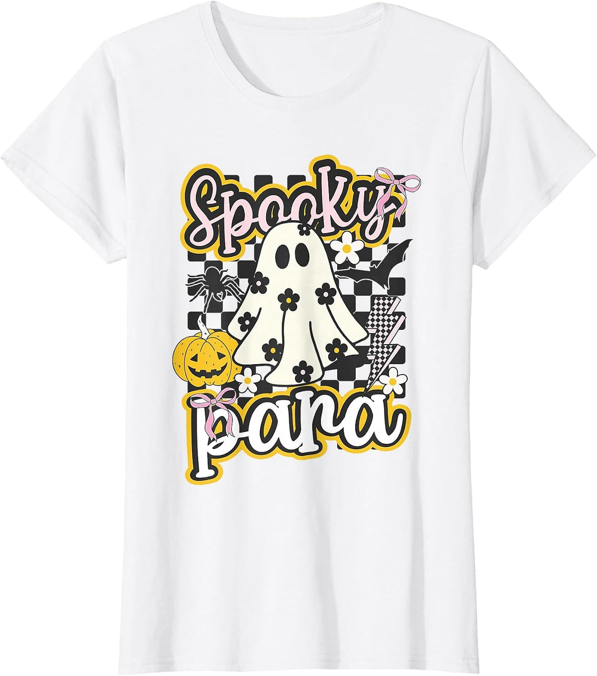 Spooky para Groovy Preppy Halloween Ghost Checkered T-Shirt - White