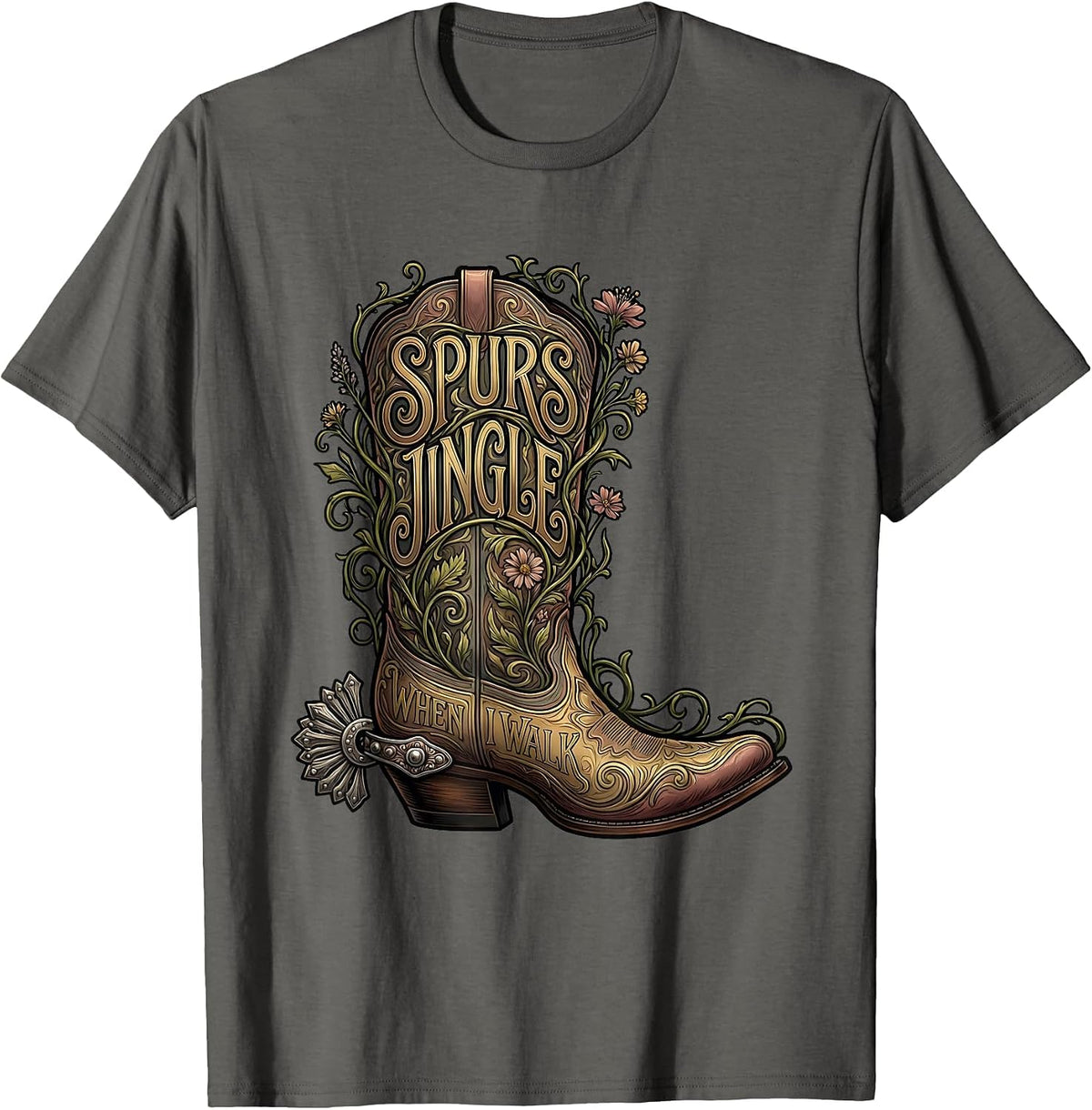Spurs Jingle When I Walk Western Cowgirl Design T-Shirt - Asphalt Grey