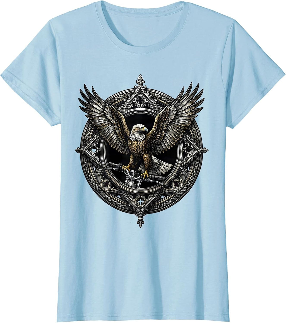 Women's Eagle on Chrome Motorcycle Handlebar Biker Graphic T-Shirt - Baby Blue