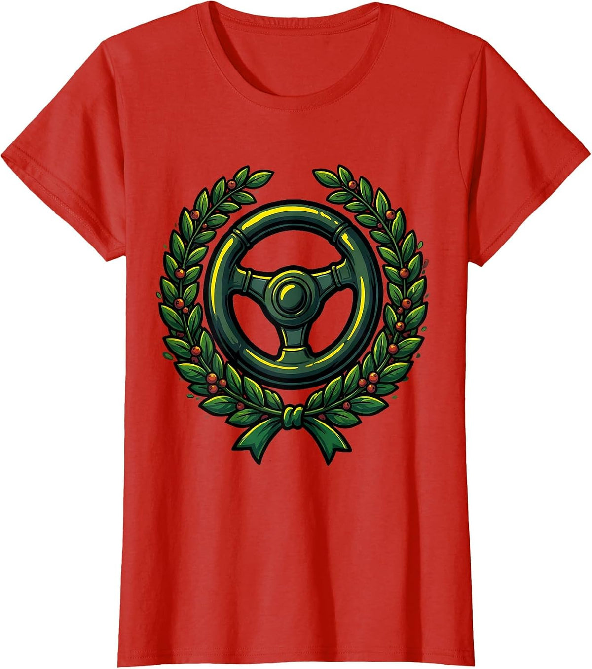 School Bus Driver Laurel Wreath Steering Wheel T-Shirt - Red