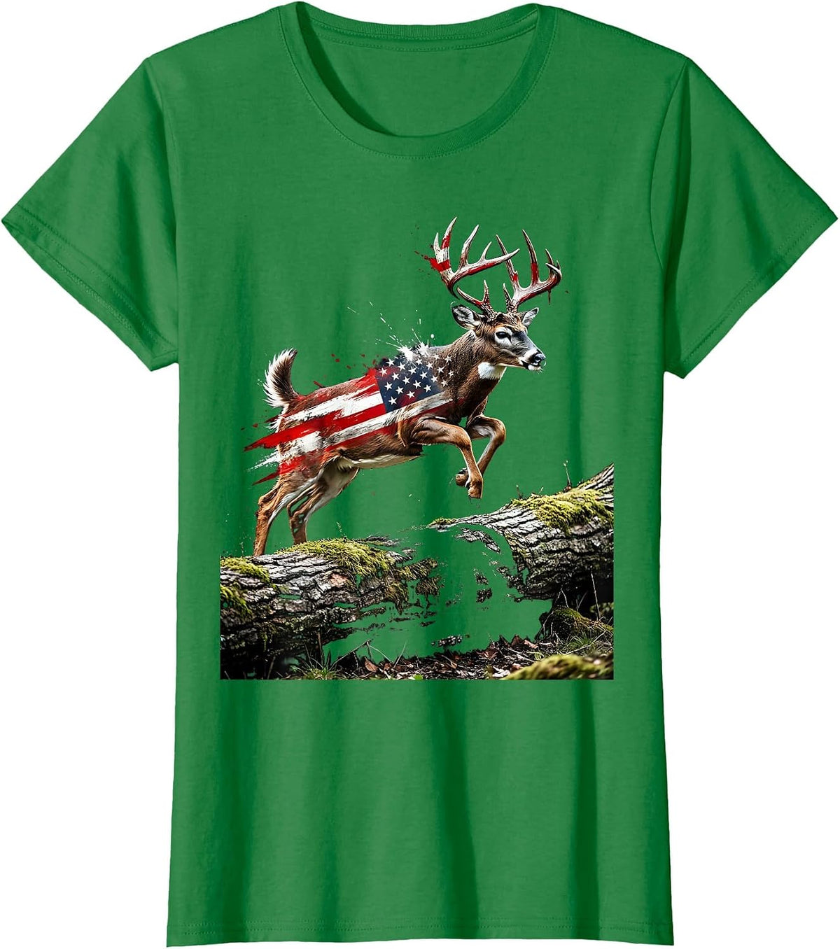 Women's Camo Whitetail Buck Leaping Over Fallen Log T-Shirt - Kelly Green