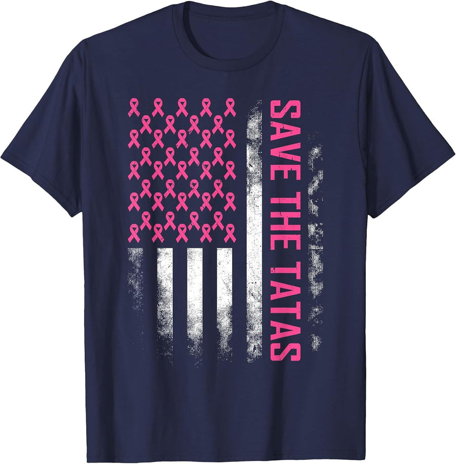 Save The Tatas Breast Cancer Awareness USA Flag Pink Ribbon T-Shirt - Navy Blue