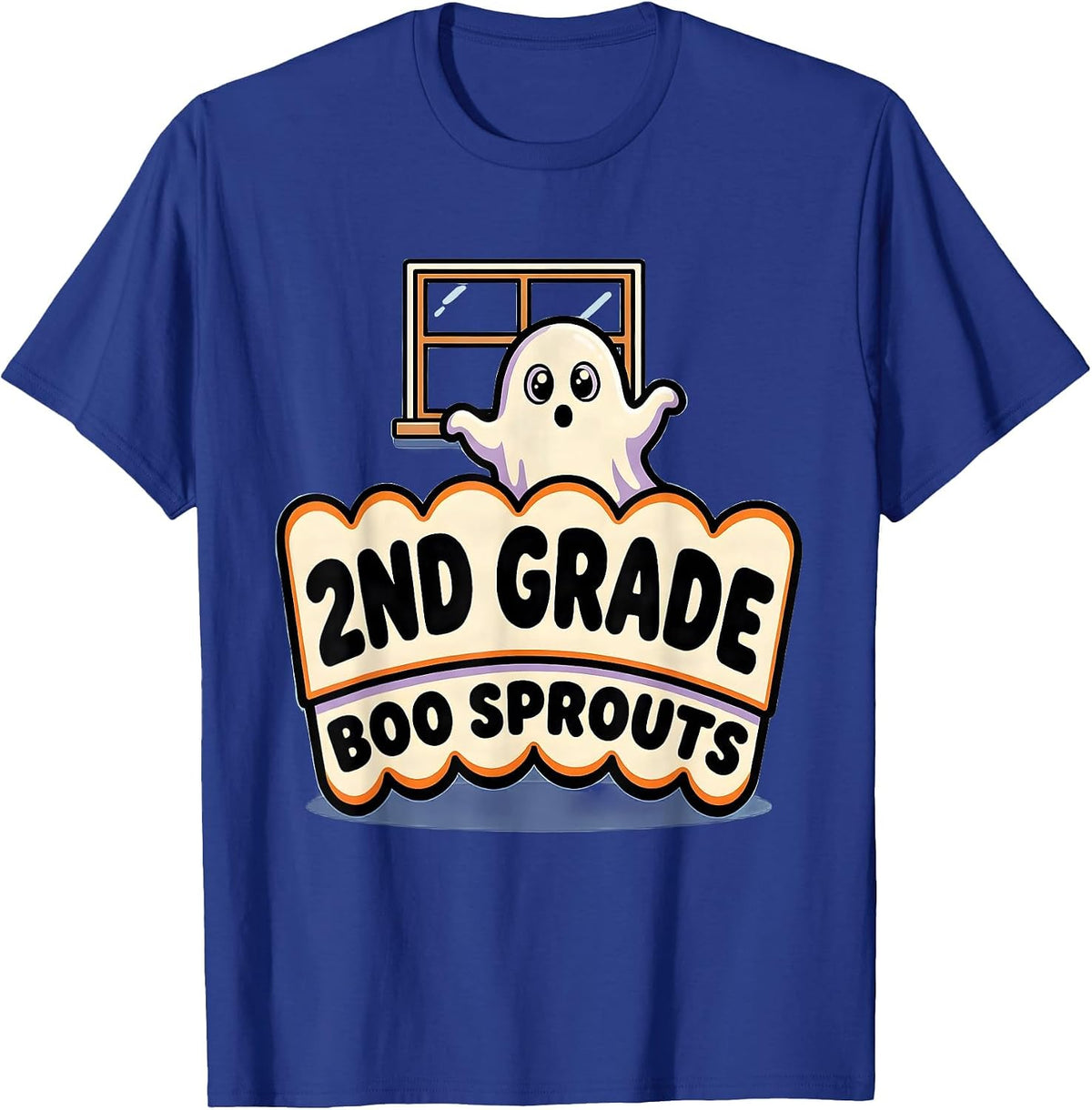 2nd Grade Boo Sprouts Cartoon Ghost Halloween Teacher T-Shirt - Royal Blue