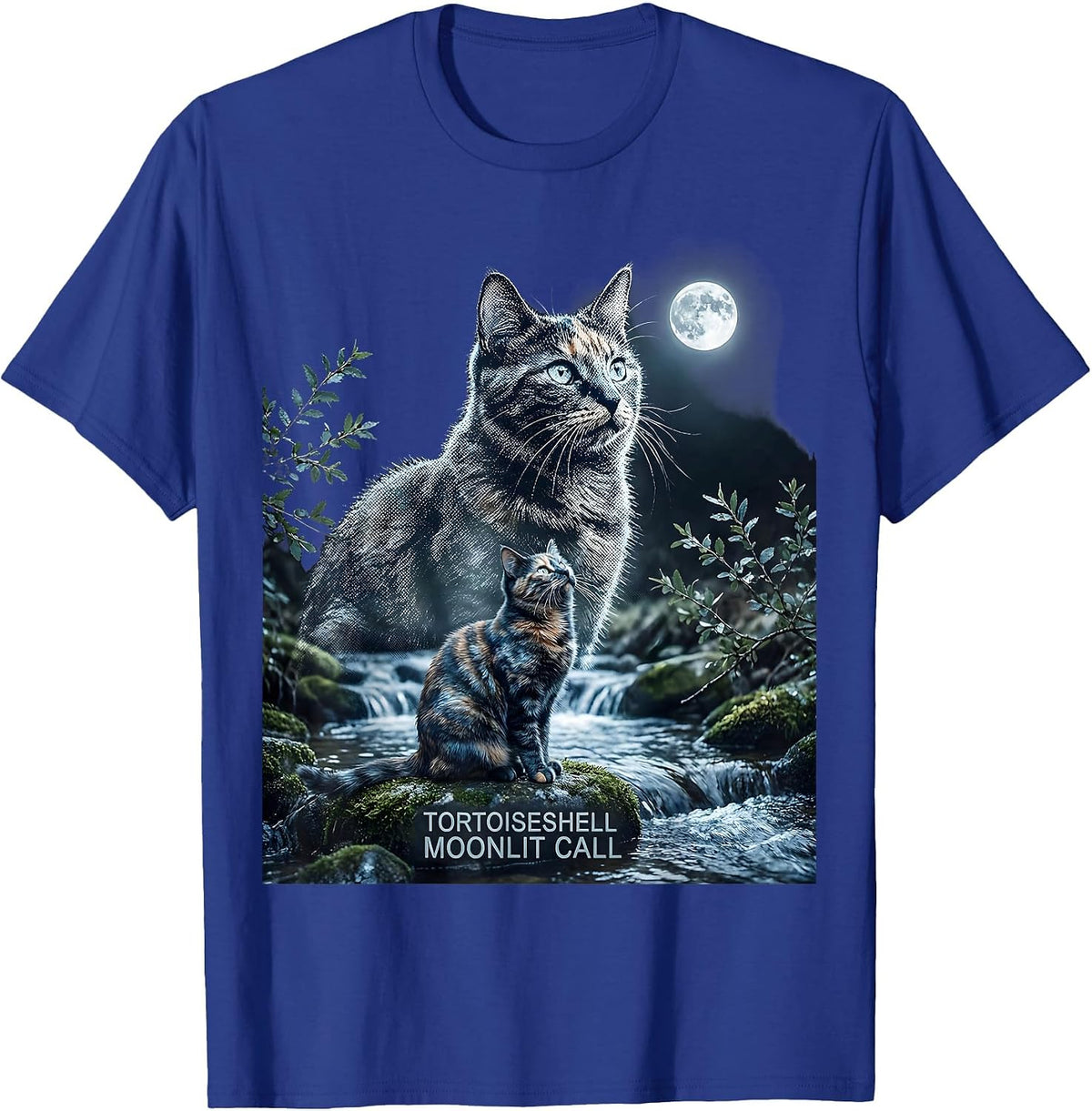 Men's Tortoiseshell Moonlit Call 90s Retro Cat Portrait T-Shirt - Royal Blue