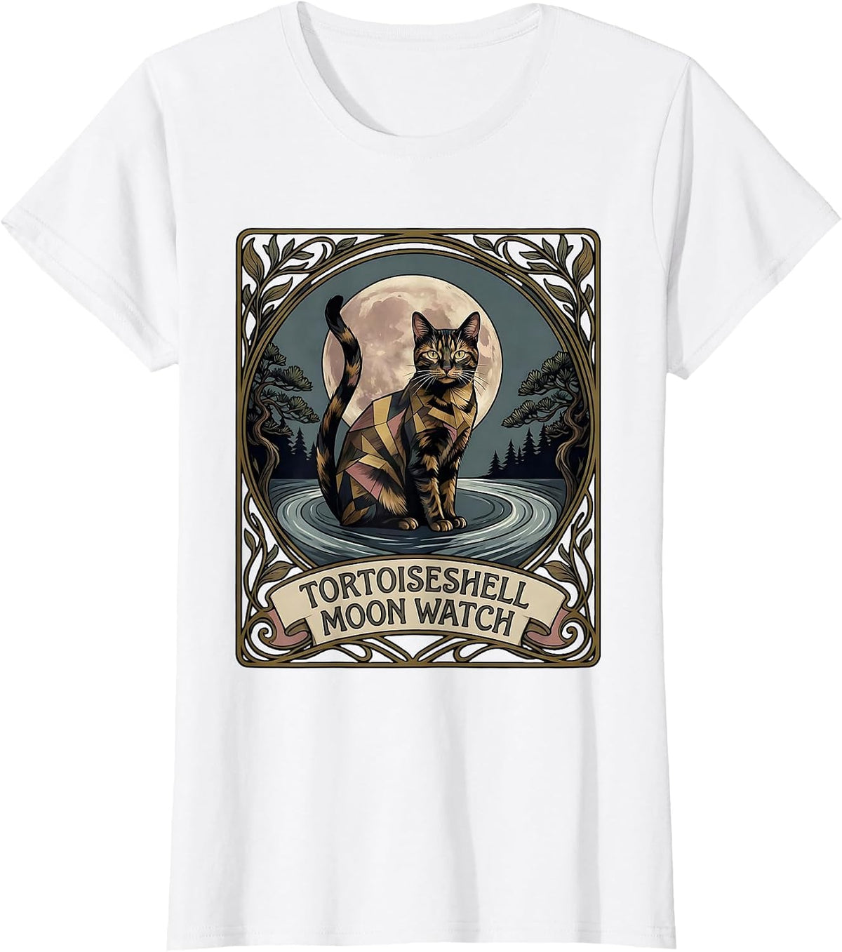 Tortoiseshell Moon Watch Art Nouveau 90s Retro Cat Lover T-Shirt - White