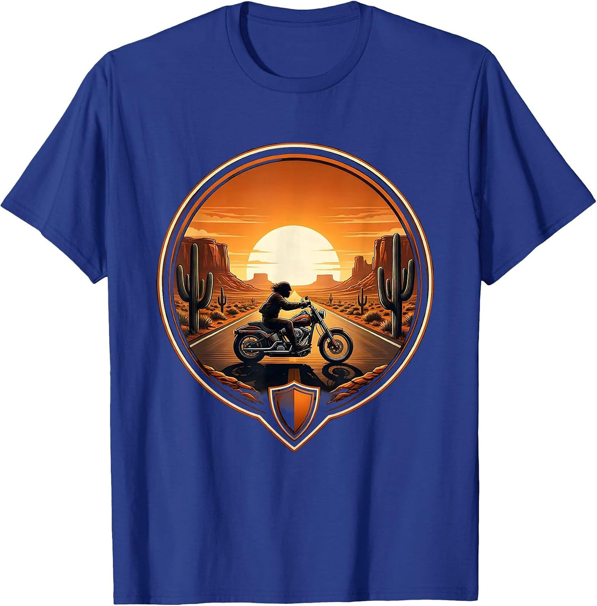 70s Chopper Motorcycle Desert Road Graphic T-Shirt - Royal Blue
