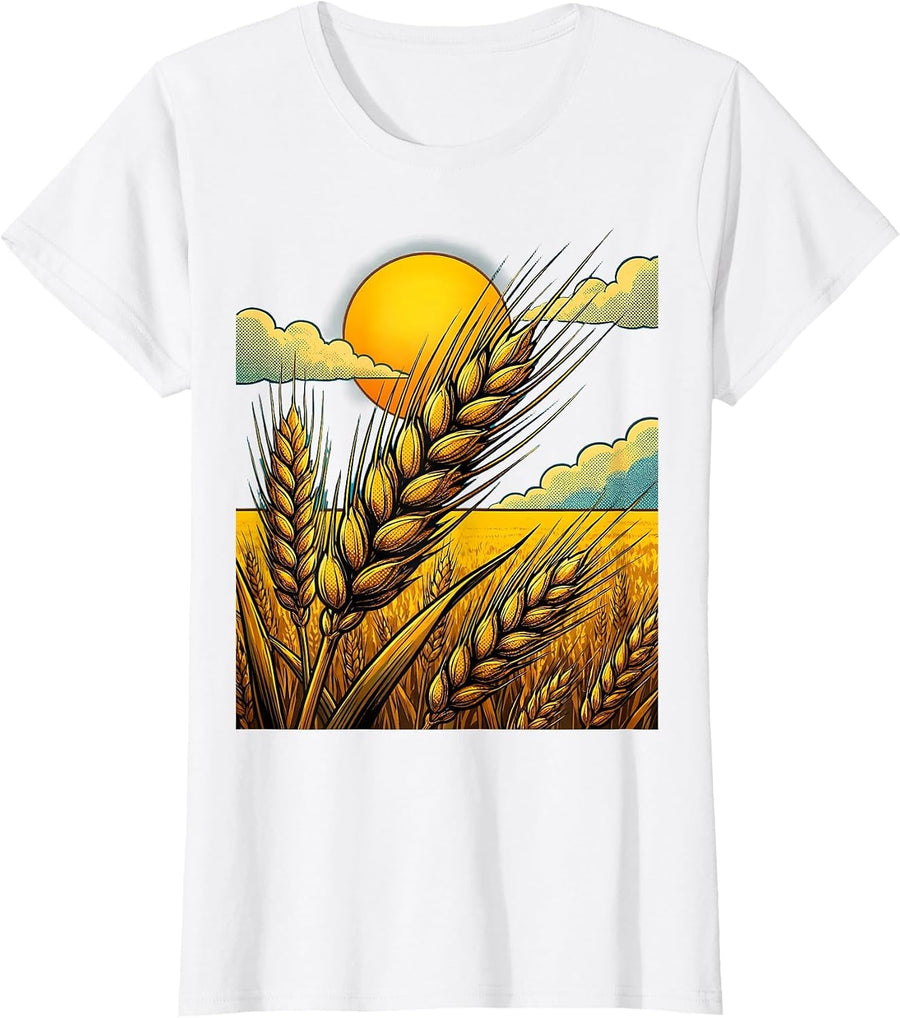 Women's Barley Field Autumn Sky Oktoberfest Graphic T-Shirt - White