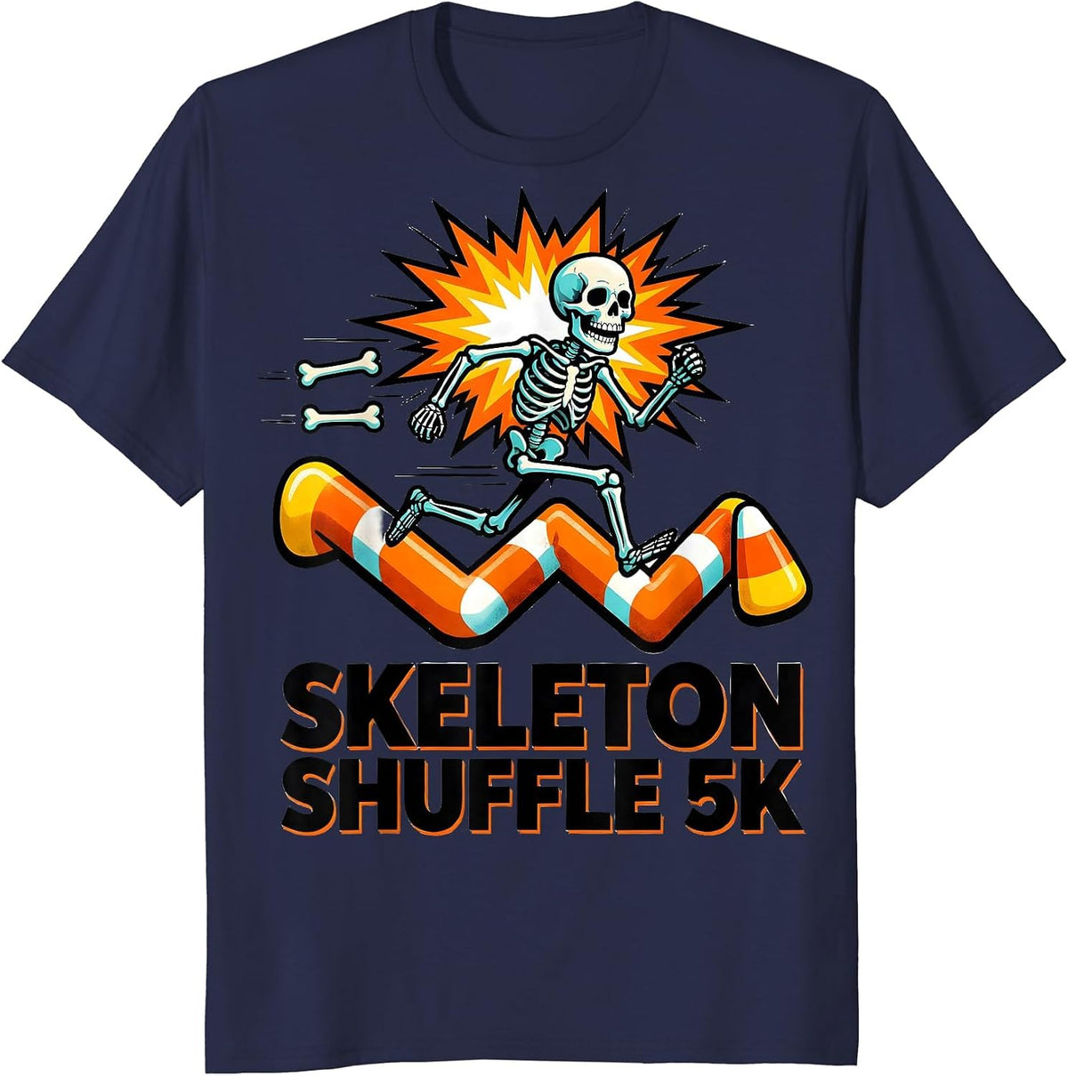 Men's Skeleton Shuffle 5K Funny Halloween Running Costume T-Shirt - Navy Blue