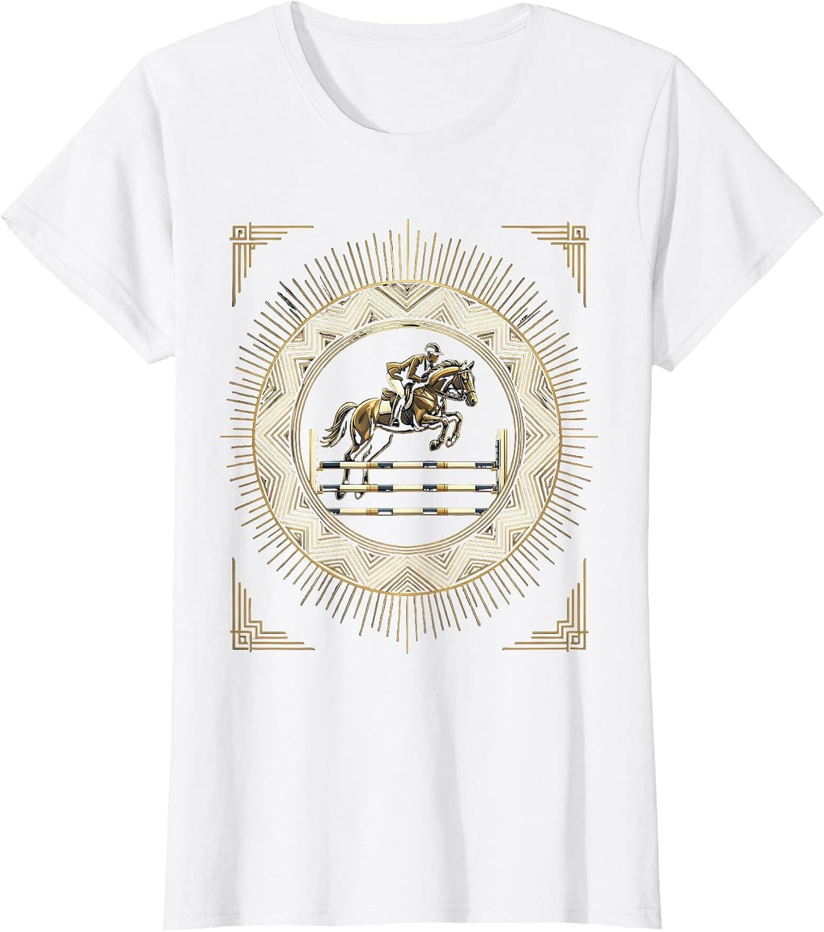 Show Jumper Mid-Air Over Striped Rail Graphic T-Shirt - White
