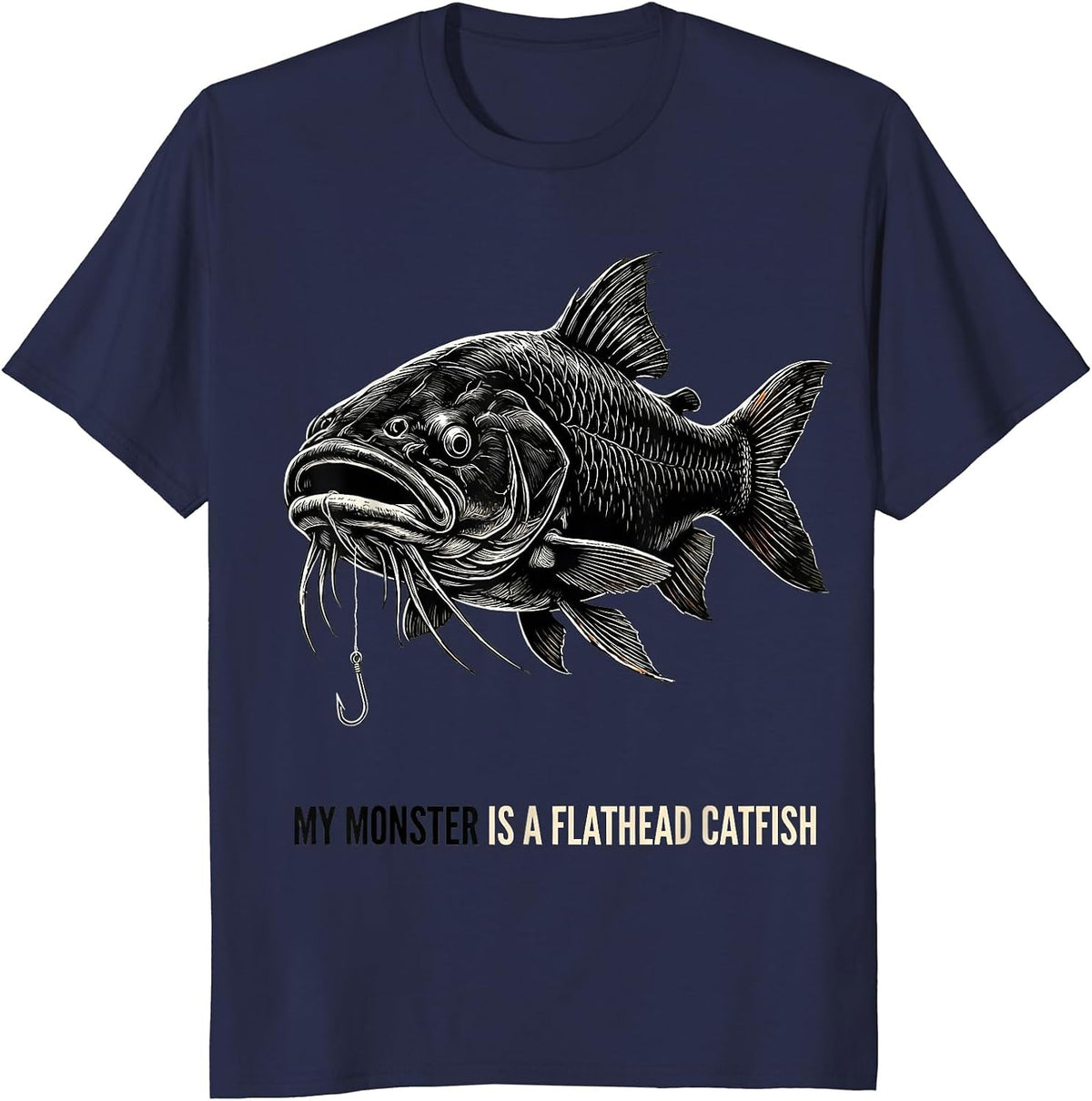 Men's My Monster Is A Flathead Catfish Funny Halloween Fishing T-Shirt - Navy Blue
