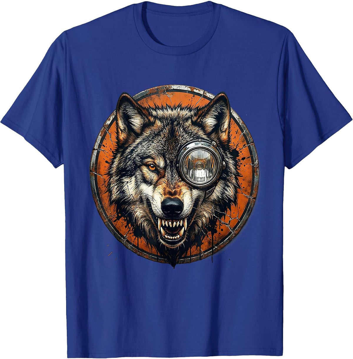 Men's Wolf Head Motorcycle Headlight Graphic Tee T-Shirt - Royal Blue