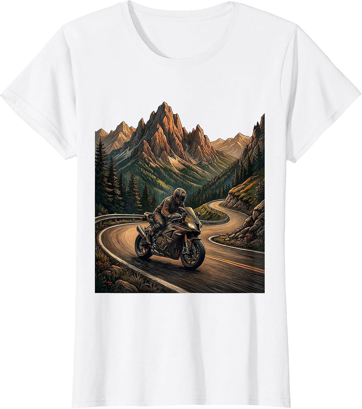 Mountain Road Motorcycle Rider Graphic Tee T-Shirt - White