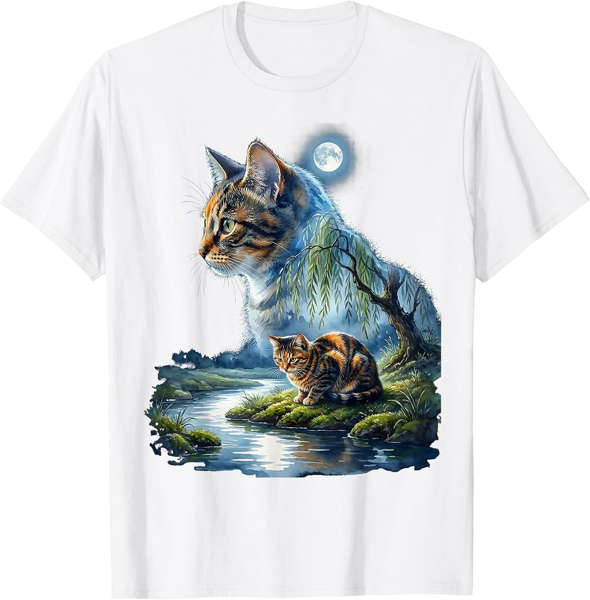 Tortoiseshell Cat Moonlit Portrait 90s Retro T-Shirt - White