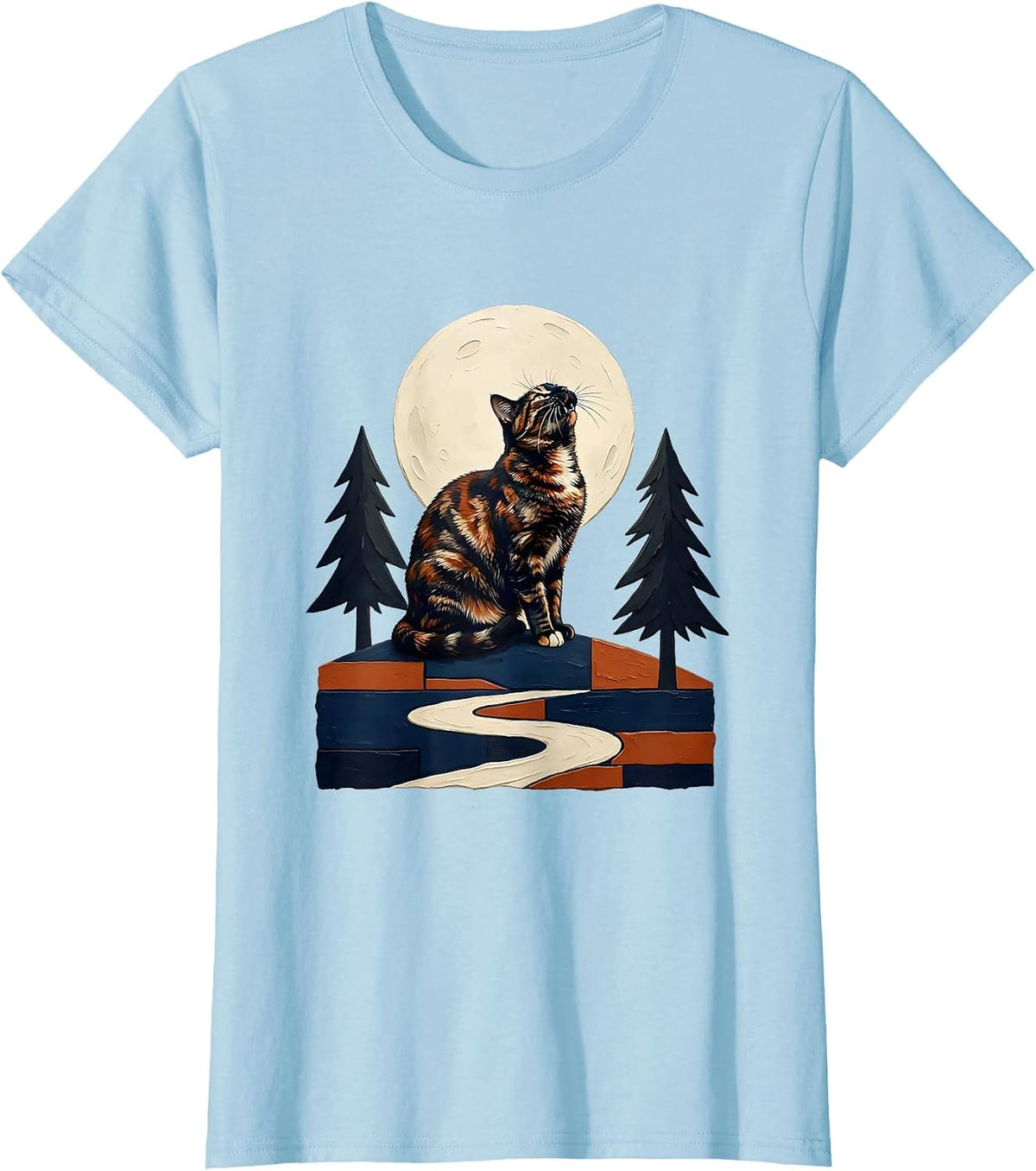 Women's Tortoiseshell Cat Howling at Moon Storybook Fantasy T-Shirt - Baby Blue
