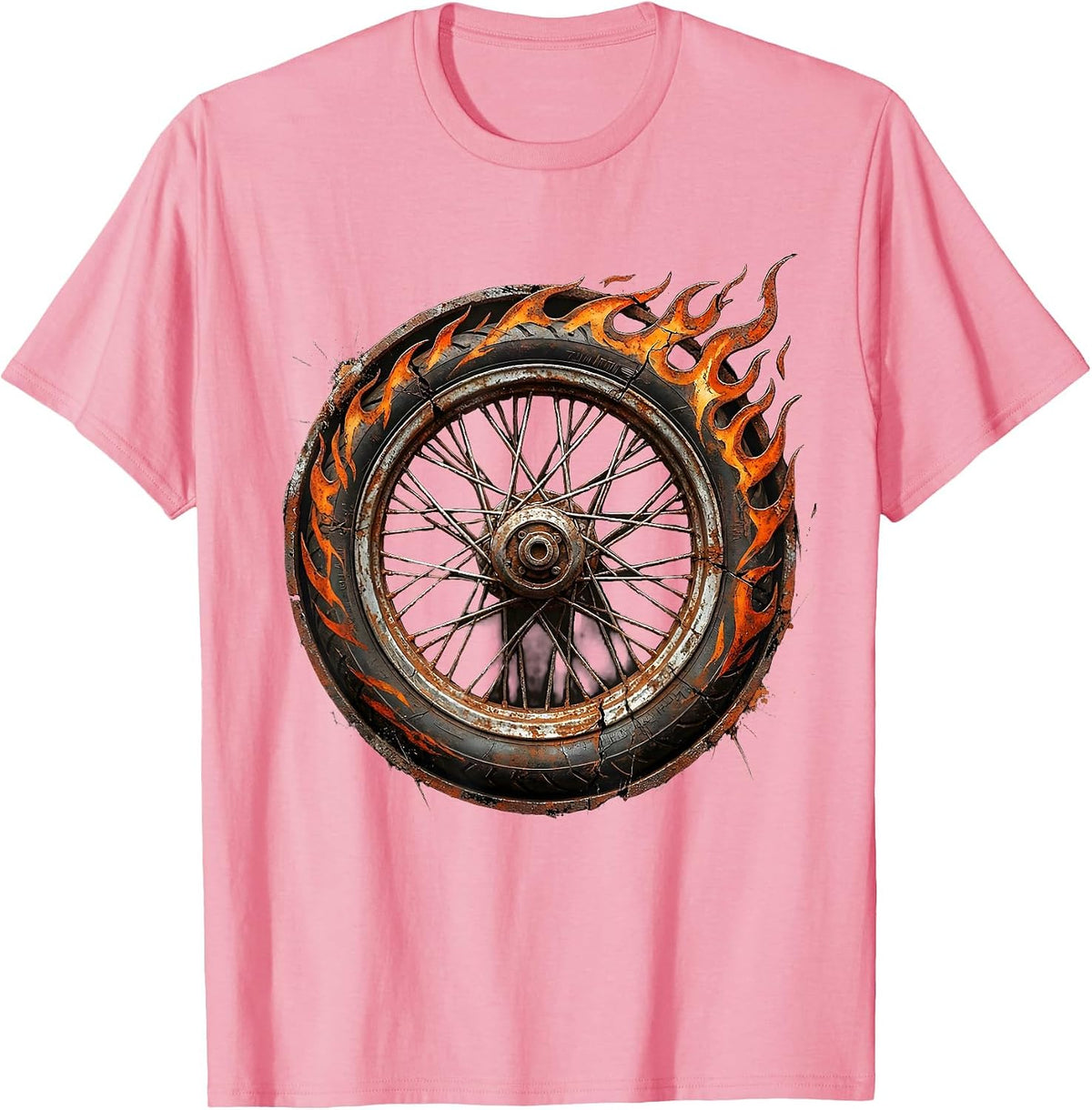 Men's Motorcycle Wheel Spinning Flames Graphic Tee T-Shirt - Pink