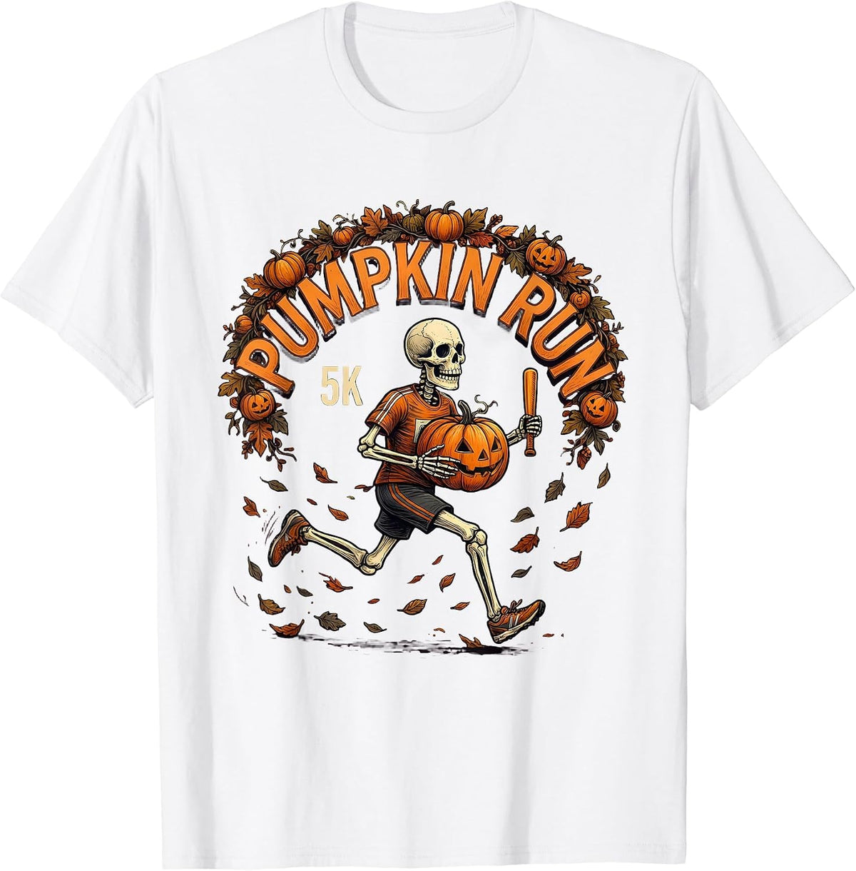 Men's Pumpkin Run 5K Funny Halloween Skeleton Runner Costume T-Shirt - White
