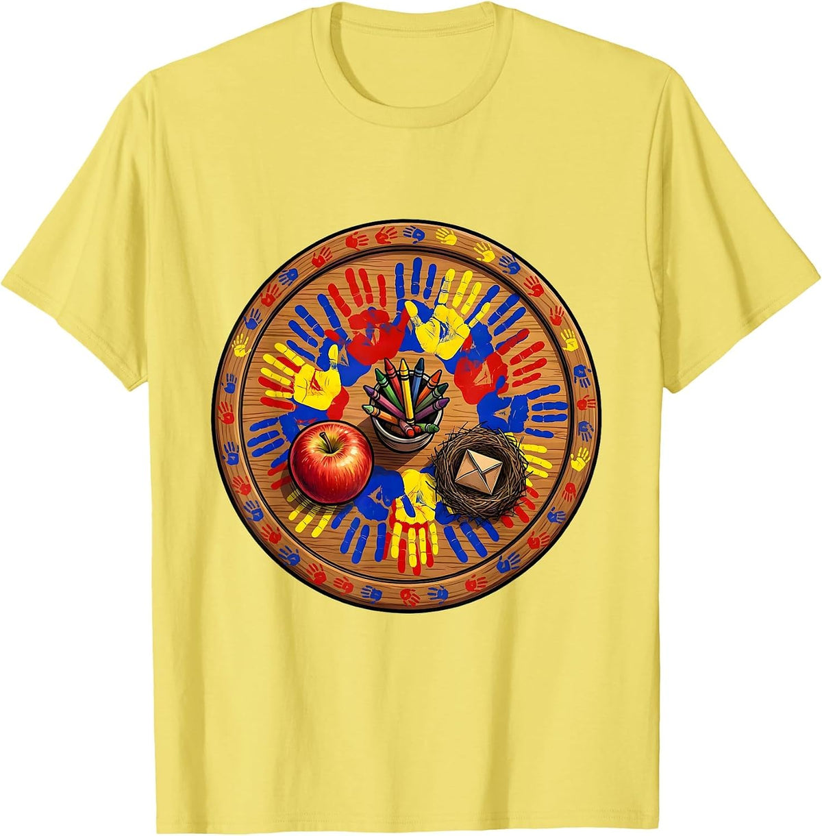 Men's 2nd Grade Teacher Handprint Art Desk Design T-Shirt - Lemon Yellow