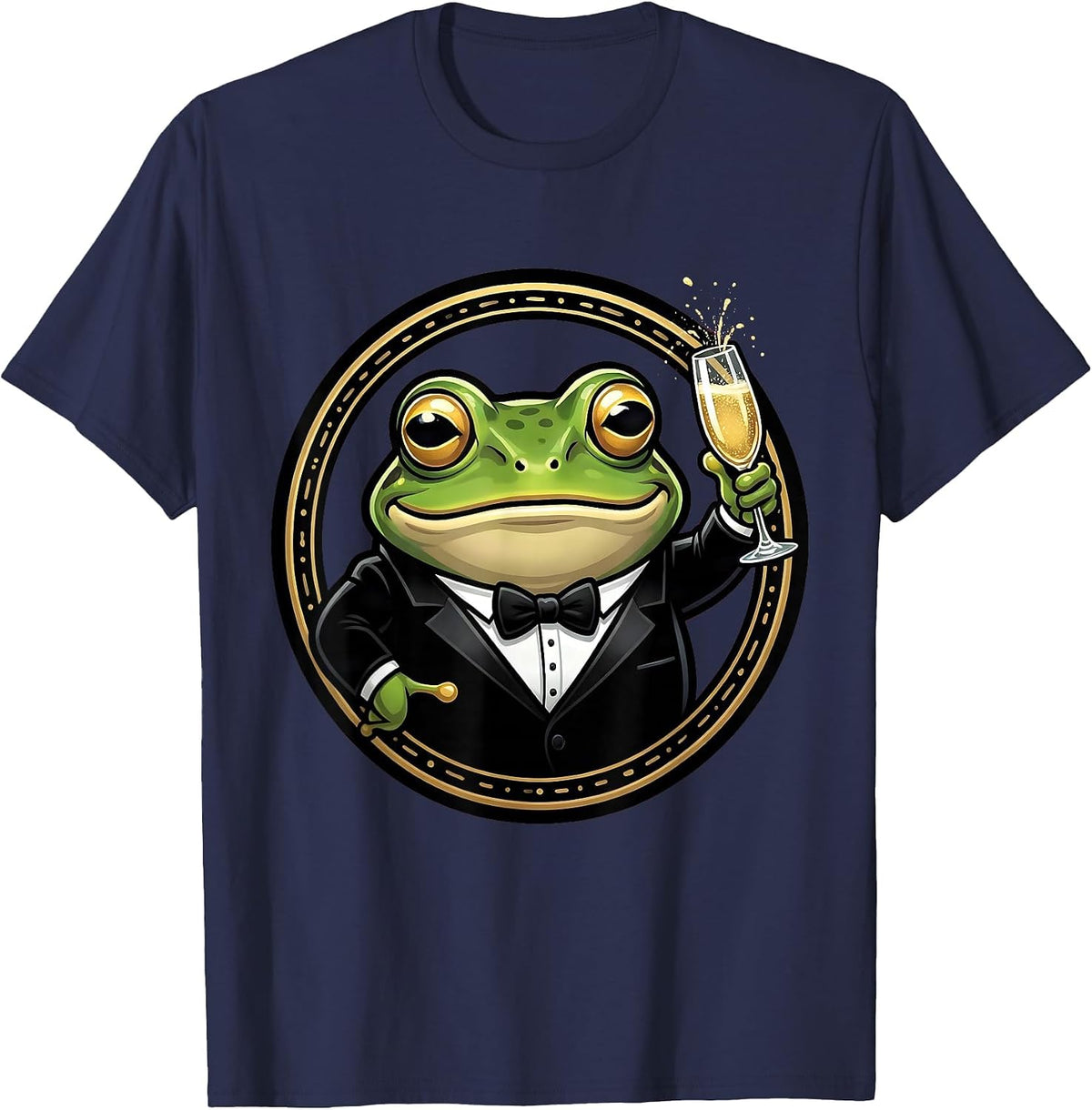 Dapper Frog in Tuxedo with Champagne Glass T-Shirt - Navy Blue
